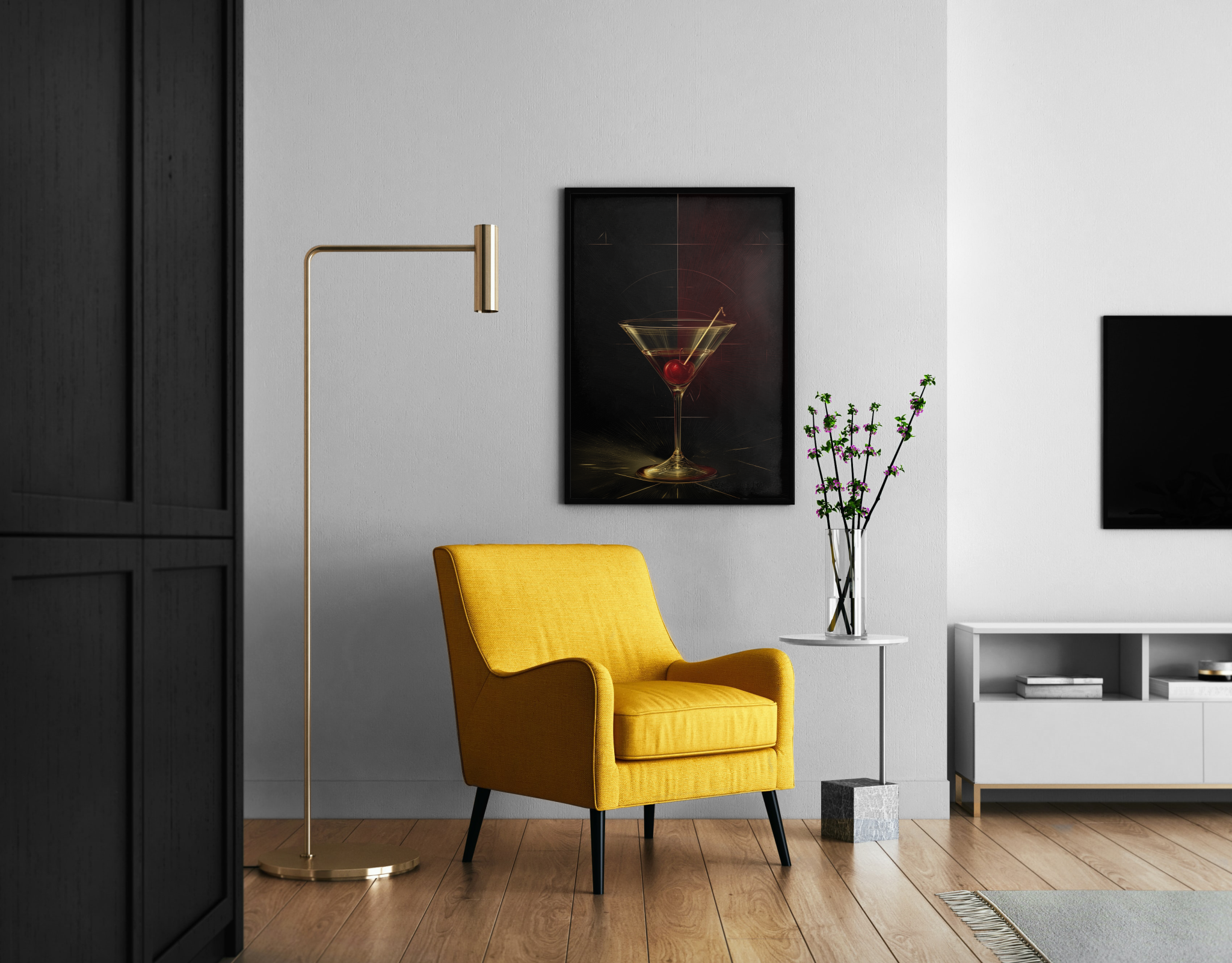Martini-Glas mit Kirsche vor dunklem Art-Déco-Hintergrund in Gold – eleganter Bar Poster im modernen Wohnzimmer
