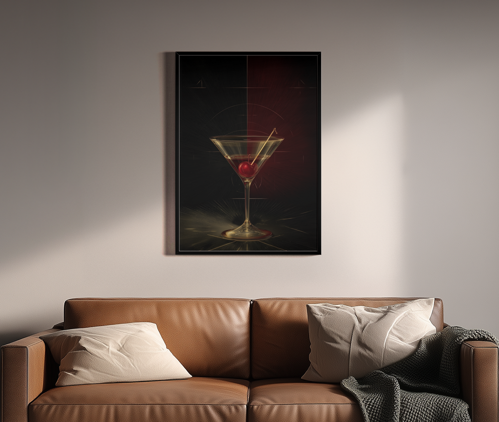 Martini-Glas mit Kirsche vor dunklem Art-Déco-Hintergrund in Gold – Wandbild über braunem Ledersofa