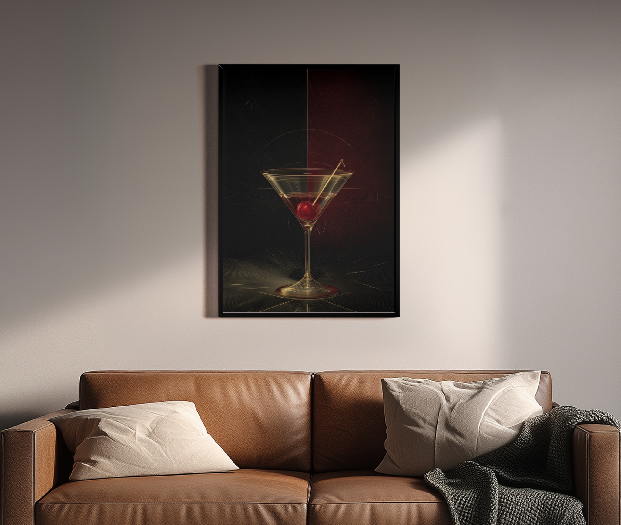 Martini-Glas mit Kirsche vor dunklem Art-Déco-Hintergrund in Gold – Wandbild über braunem Ledersofa