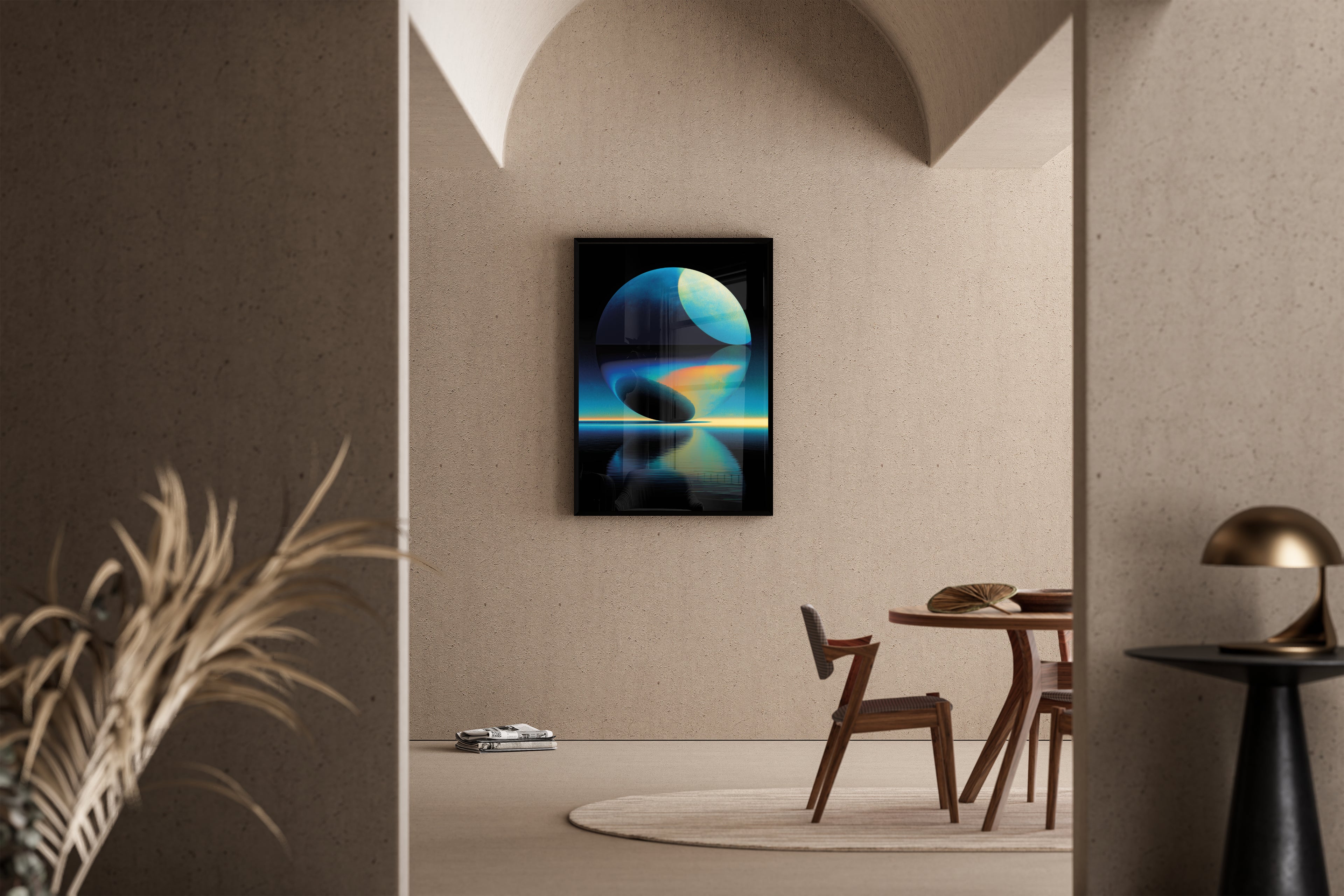 Duality of Light – kosmische Kugel Horizont orange türkis | Retrowave-Illustration-Stil – Poster im Esszimmer