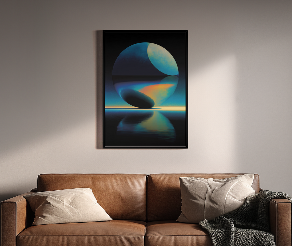 Duality of Light – Yin-Yang Kugel Licht-Schatten Retrowave | Abstrakte Digitalmalerei – Wandbild über braunem Ledersofa