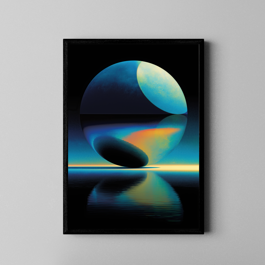 Duality of Light – abstrakte 3D-Sphäre blau-orange Spiegelung | Sci-Fi Fine Art Digitalkunst – Poster im schwarzen Rahmen