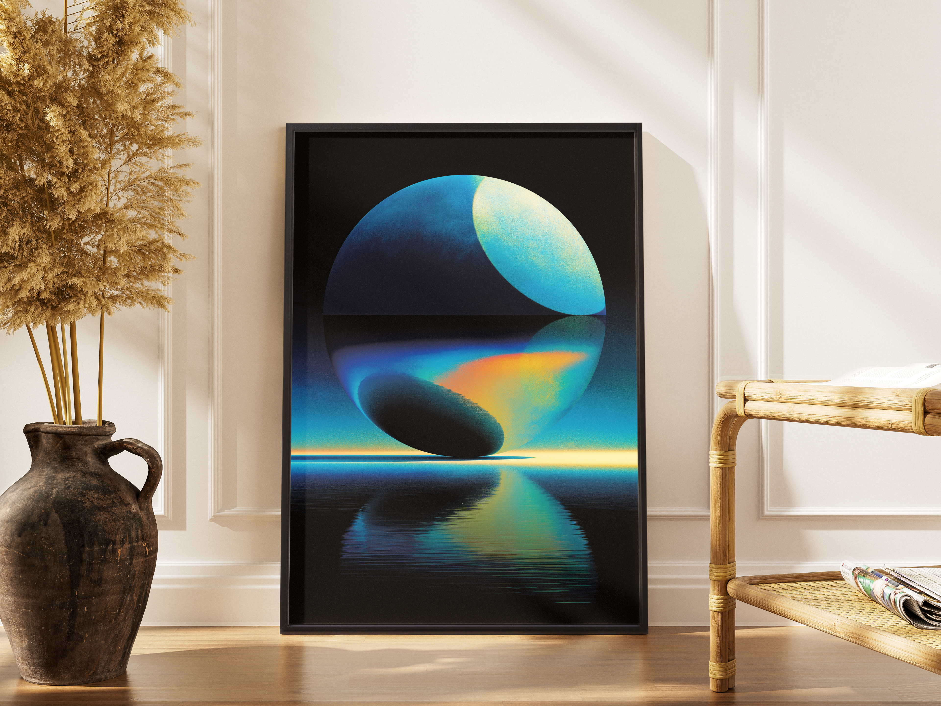 Duality of Light – abstrakte Kugel Wanddekoration Retrowave dunkel | 3D-Digital-Kunstdruck – gerahmtes Poster kaufen