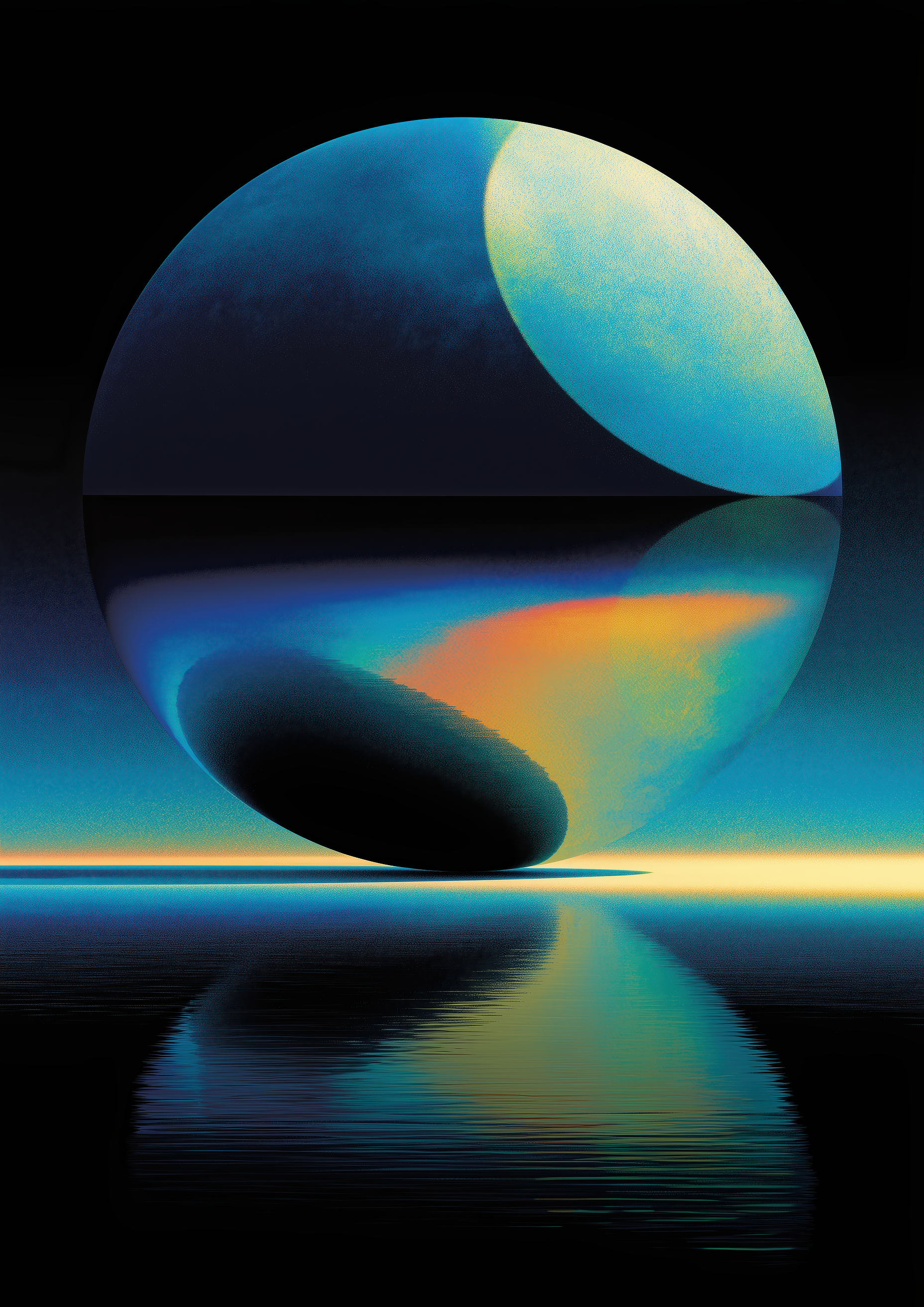 Duality of Light – gespaltene Kugel türkis-schwarz Wasserreflexion | Retrowave-Digital-Optik – eleganter Kunstdruck