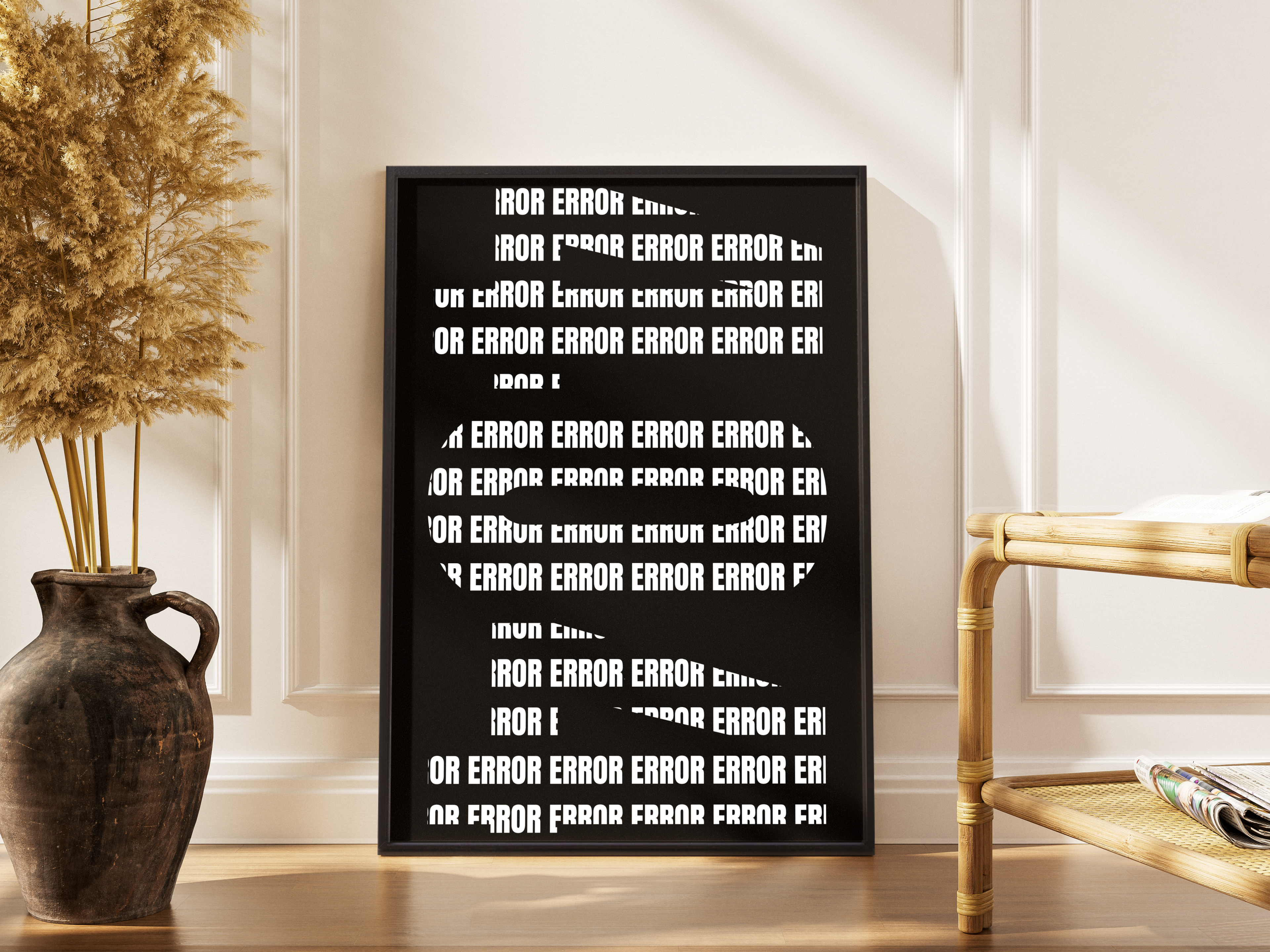 ERROR Schriftzug als repetitives Typo-Muster in Schwarz-Weiß – gerahmter Statement Kunstdruck kaufen