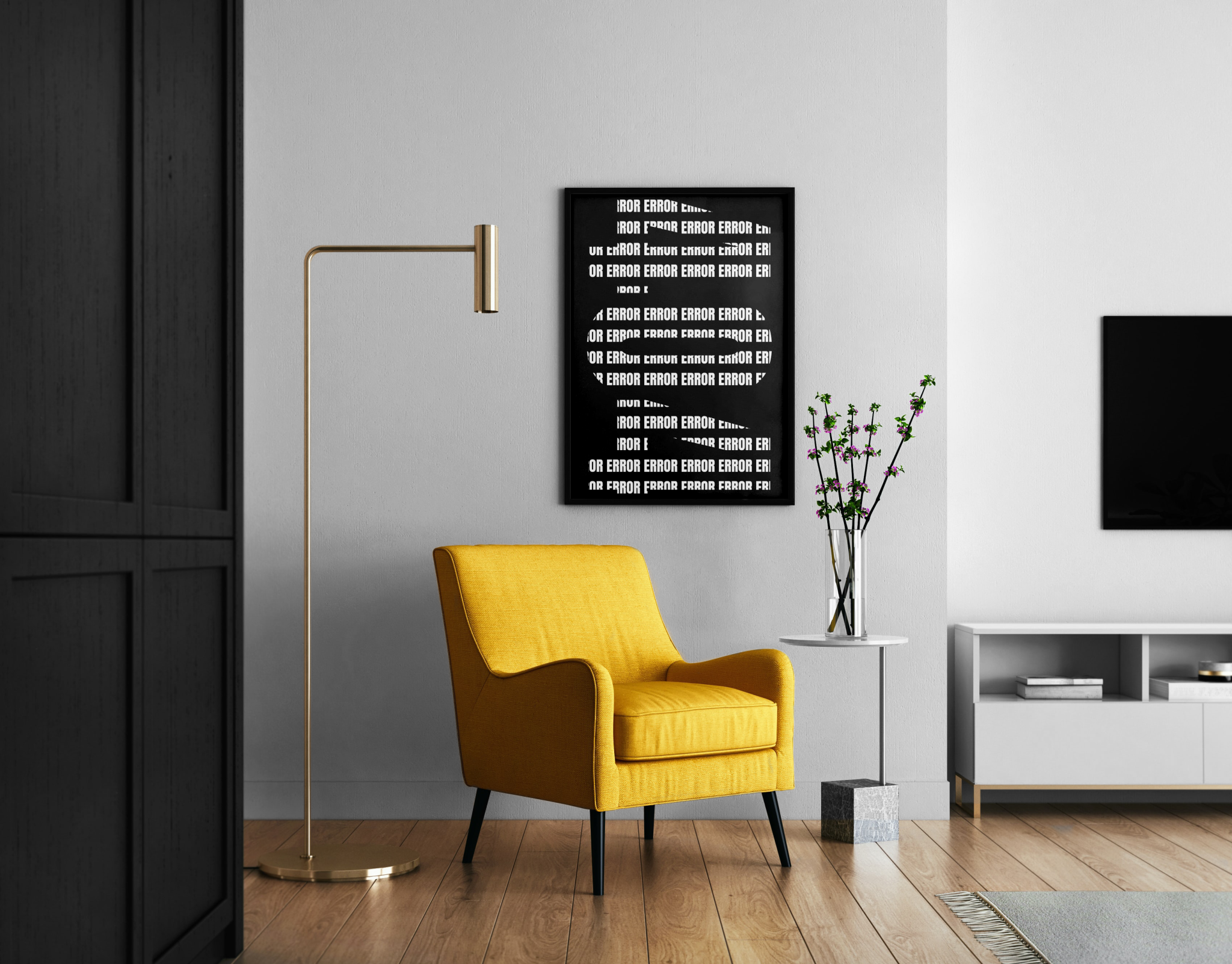 ERROR Schriftzug als repetitives Typo-Muster in Schwarz-Weiß – Statement Poster im modernen Wohnzimmer