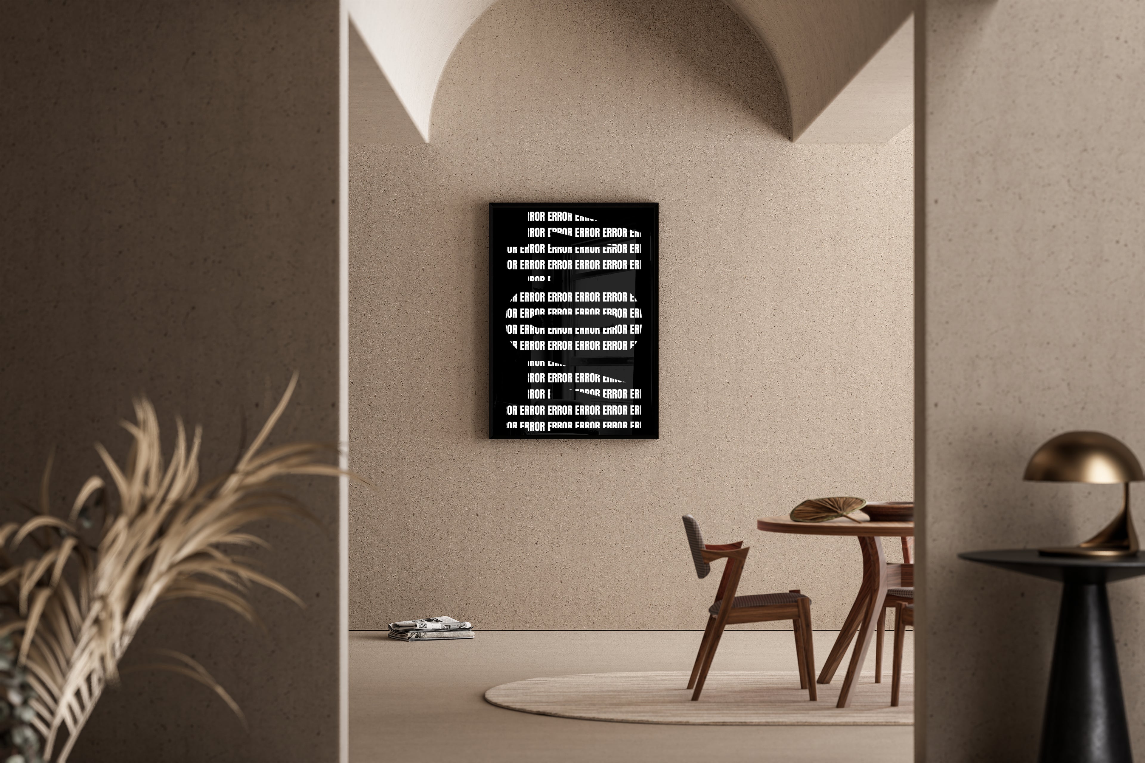 ERROR Schriftzug als repetitives Typo-Muster in Schwarz-Weiß – Kunstdruck im mediterranen Esszimmer