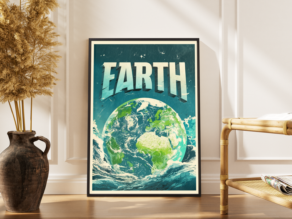 EARTH – Vintage Globus Retro Kunstdruck – gerahmtes Poster kaufen