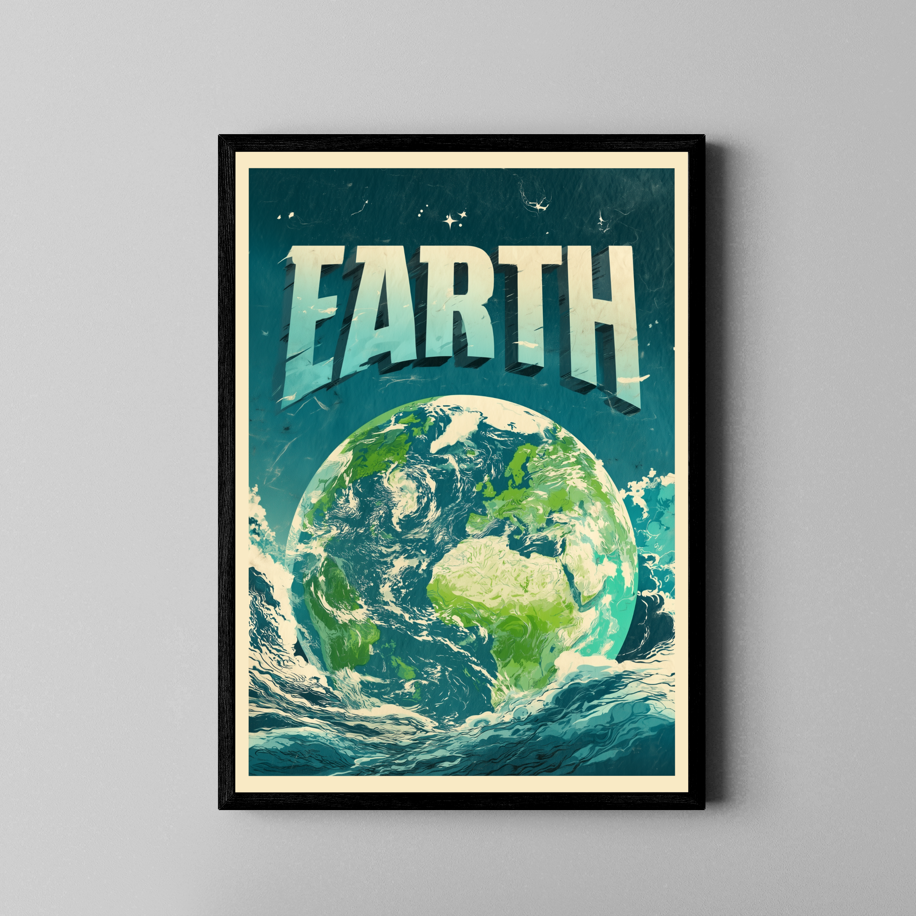 EARTH – Vintage Globus Retro Kunstdruck – Poster im schwarzen Rahmen