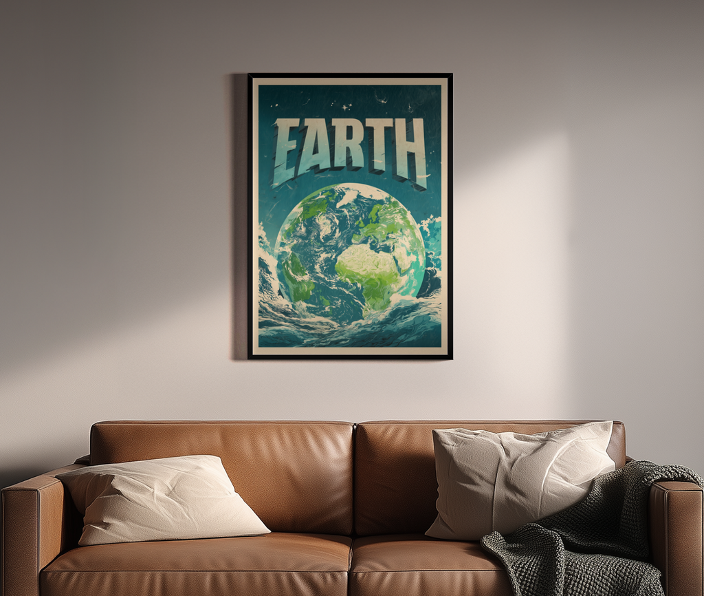 EARTH – Vintage Globus Retro Kunstdruck – Wandbild über braunem Ledersofa
