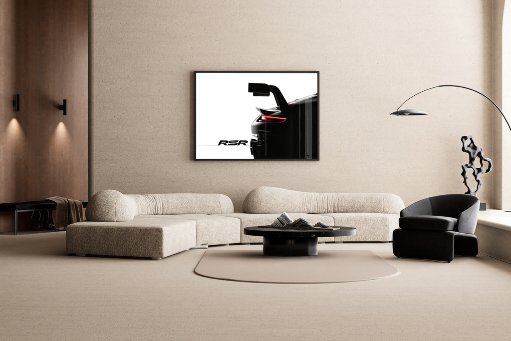 Engineered Emotion – Porsche 911 RSR Rennsport Detail | Fotodruck – Wandbild im modernen Wohnzimmer