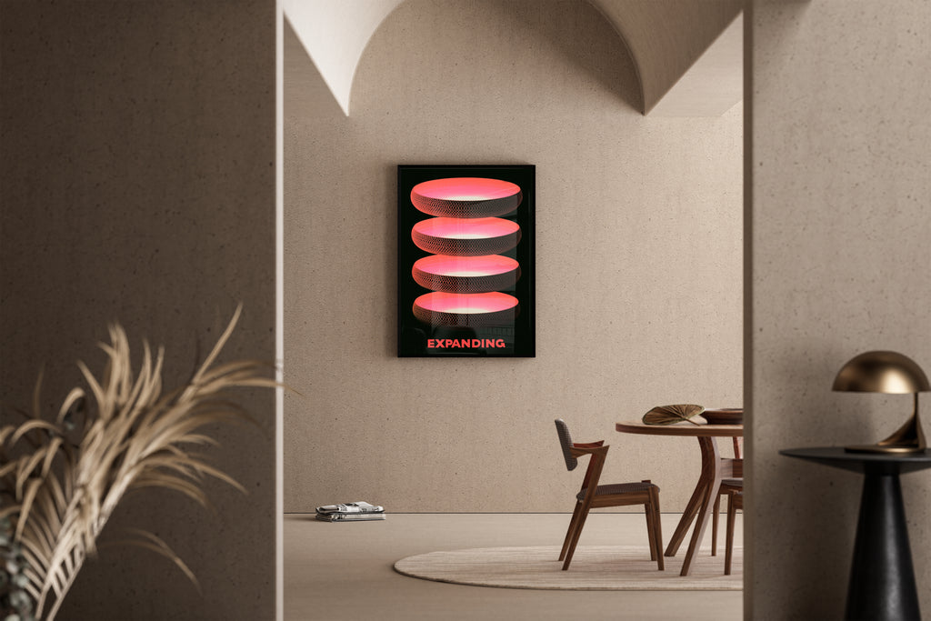 Expanding – abstrakte Ringe Wabenstruktur neon coral | Digital-Art-Stil – Poster im Esszimmer