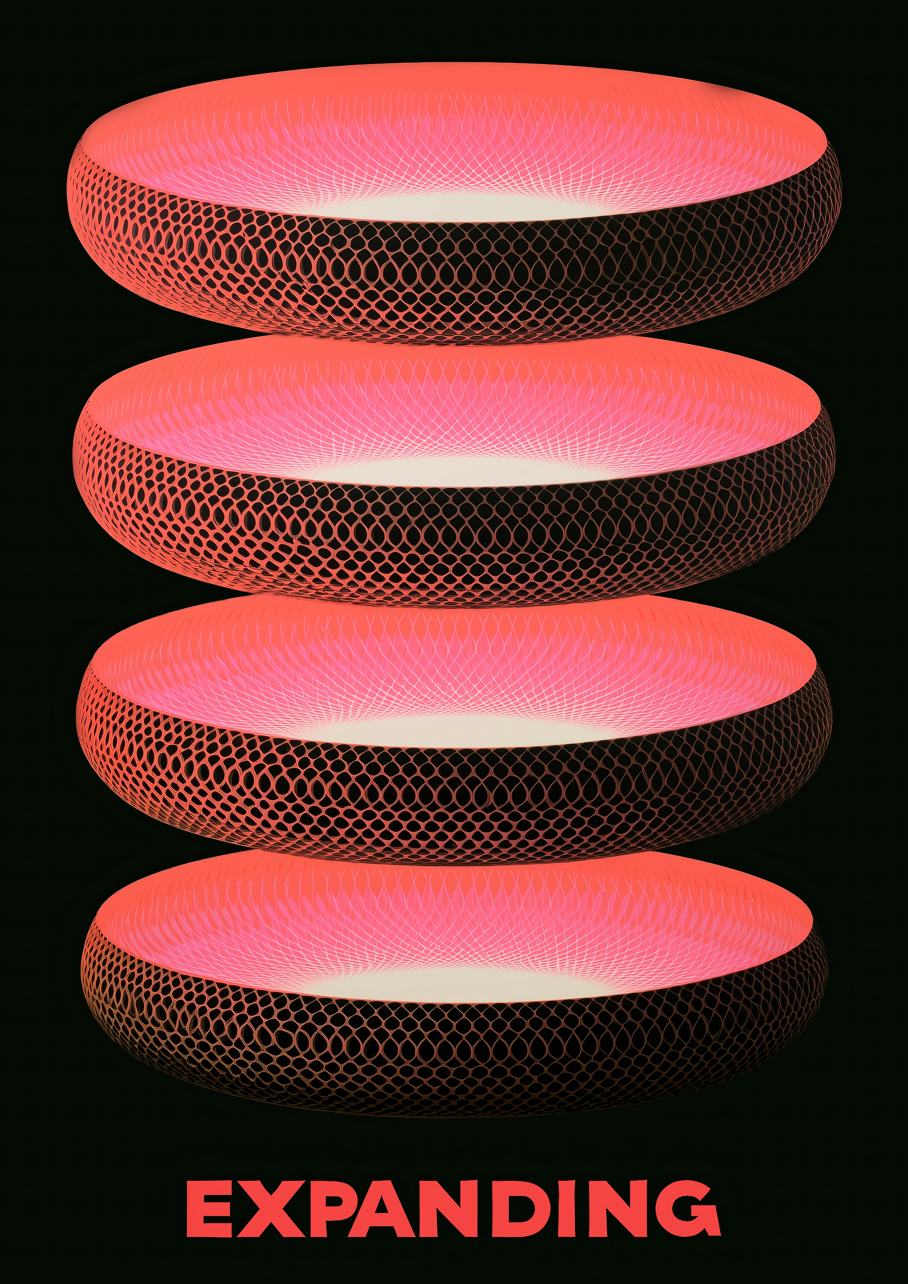 Expanding – vier Torus-Ringe coral schwarz gestapelt | 3D-Art-Optik – eleganter Kunstdruck