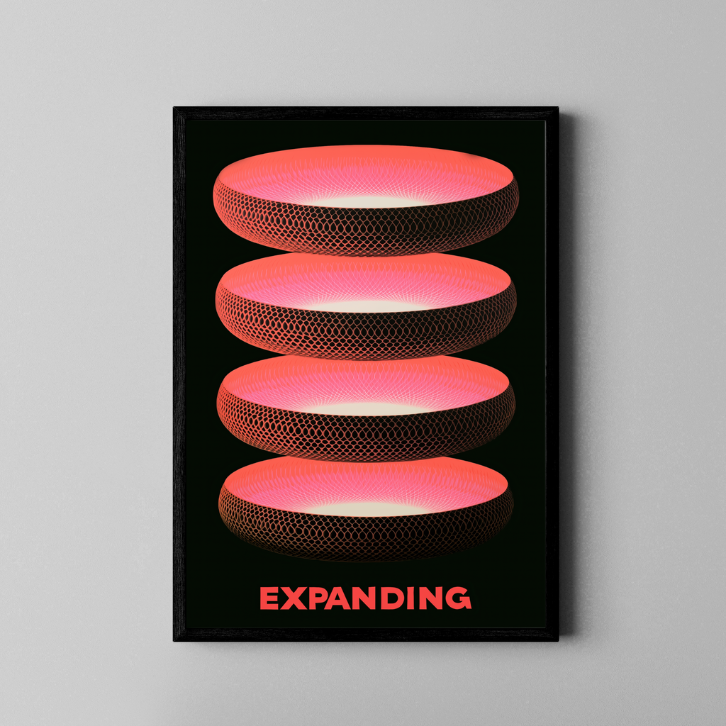 Expanding – geometrische Ringe Netzstruktur coral neon | 3D-Art-Stil – Poster im schwarzen Rahmen
