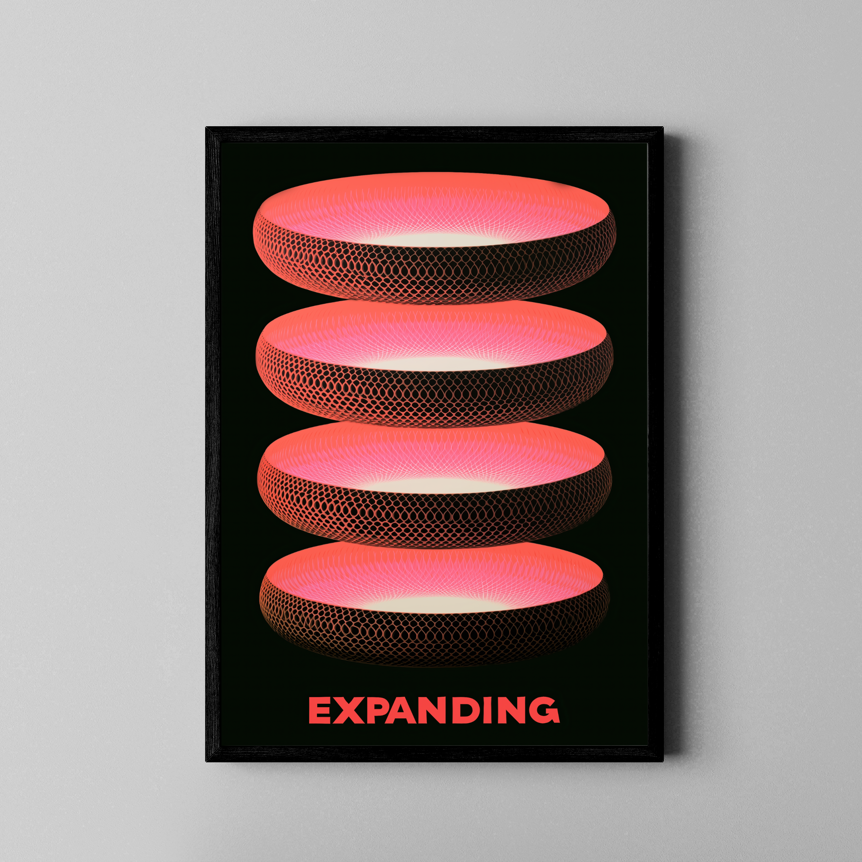 Expanding – geometrische Ringe Netzstruktur coral neon | 3D-Art-Stil – Poster im schwarzen Rahmen
