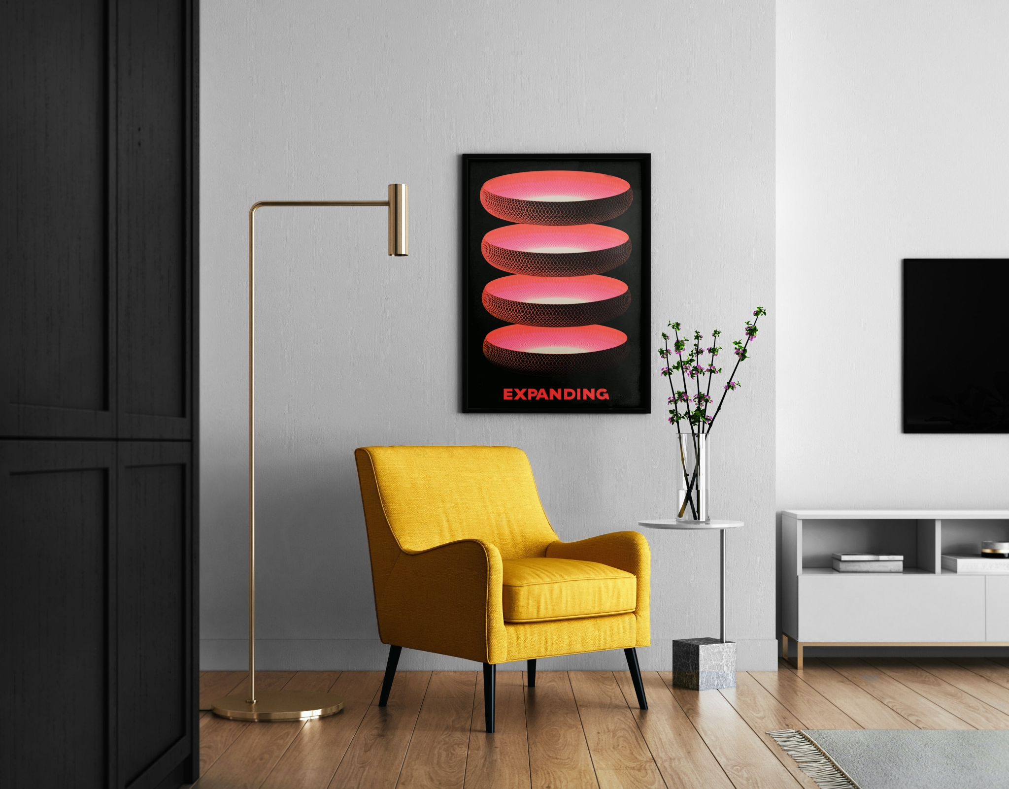 Expanding – Torus 3D Wandbild coral schwarz geometrisch | Geometric-Kunstdruck – Wandbild im modernen Wohnzimmer