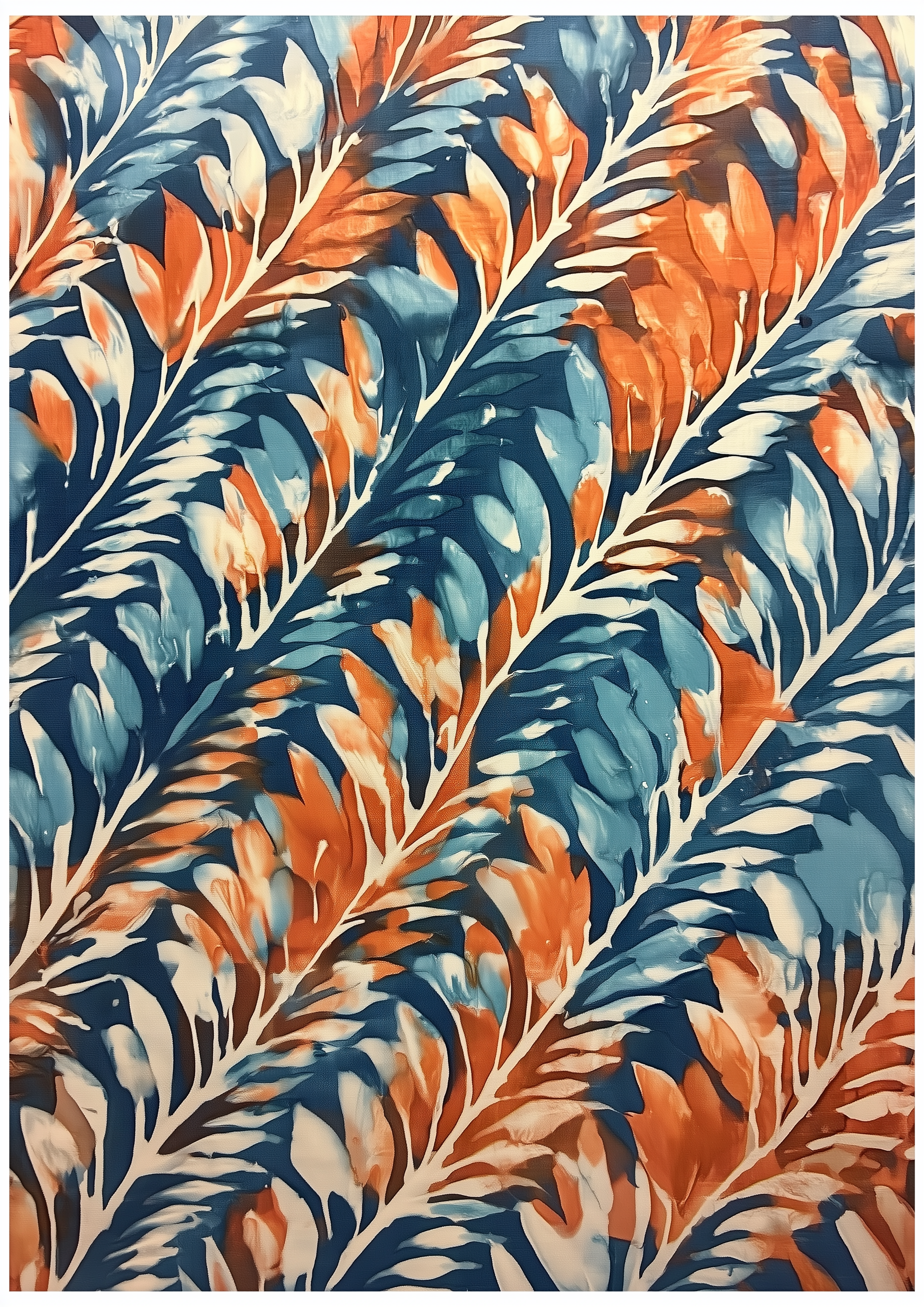 Tropische Blätter, Muster, Blau-Orange-Weiß, botanische Illustration, Wanddekoration – eleganter Kunstdruck