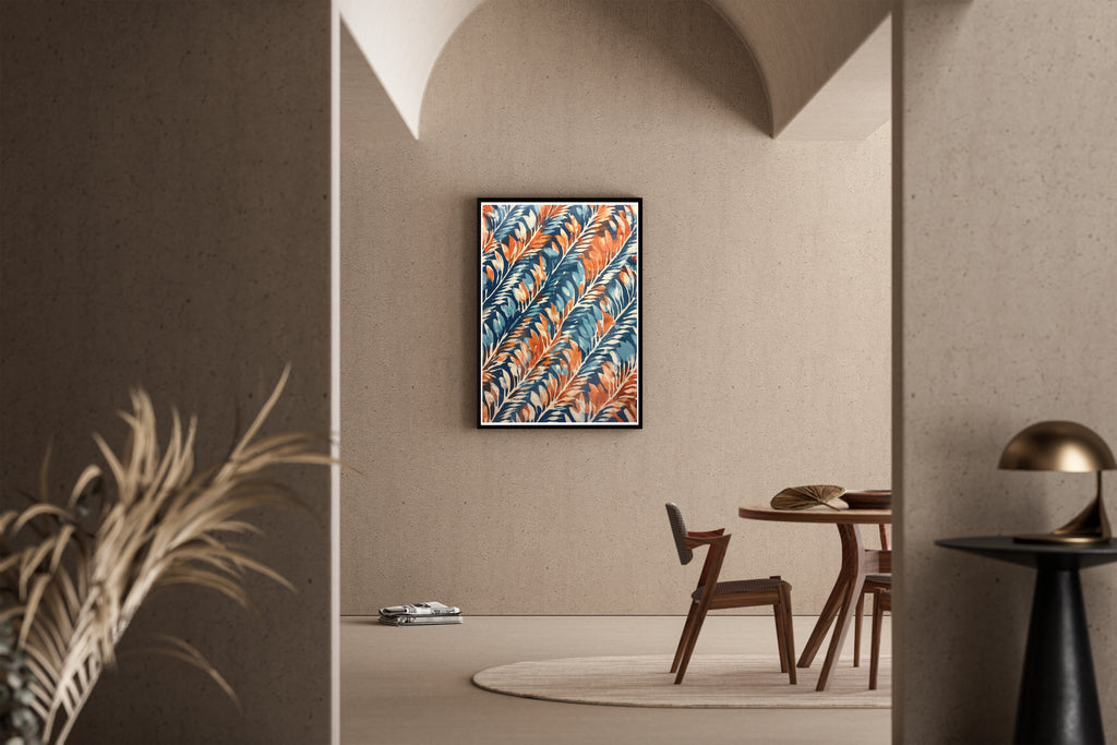 Tropische Blätter, Muster, Blau-Orange-Weiß, botanische Illustration, Wanddekoration – Poster im Esszimmer