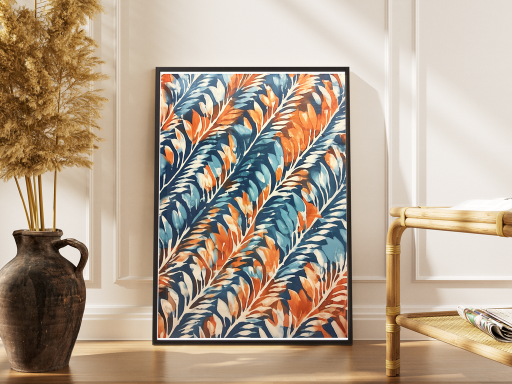 Tropische Blätter, Muster, Blau-Orange-Weiß, botanische Illustration, Wanddekoration – gerahmtes Poster kaufen