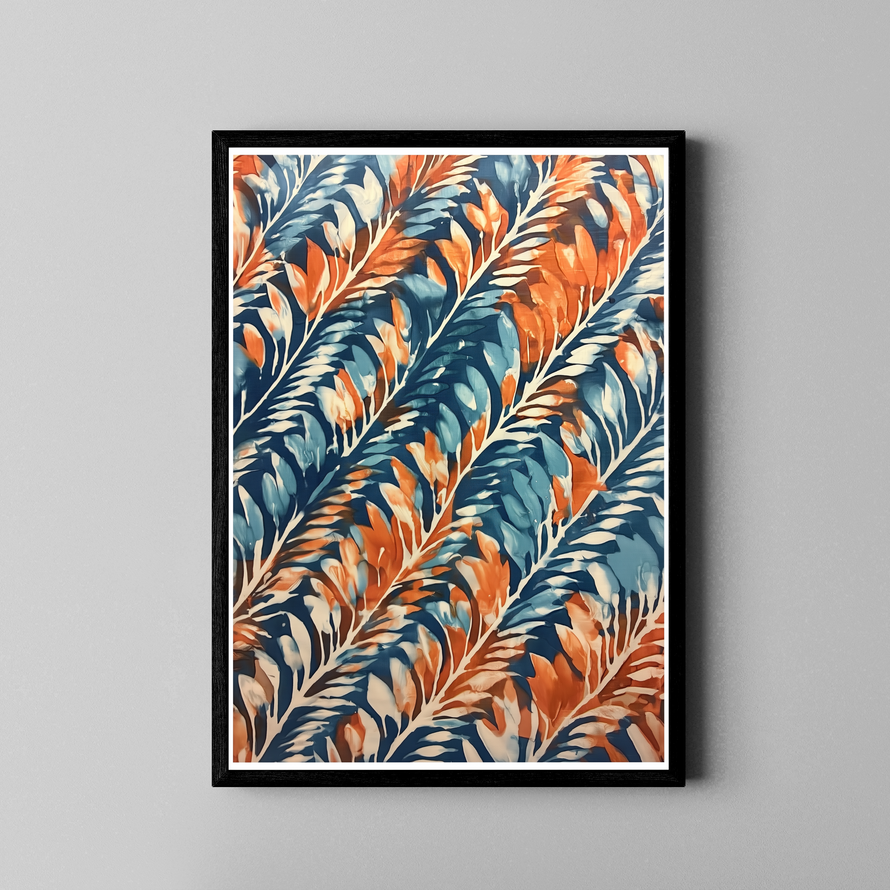 Tropische Blätter, Muster, Blau-Orange-Weiß, botanische Illustration, Wanddekoration – Poster im schwarzen Rahmen