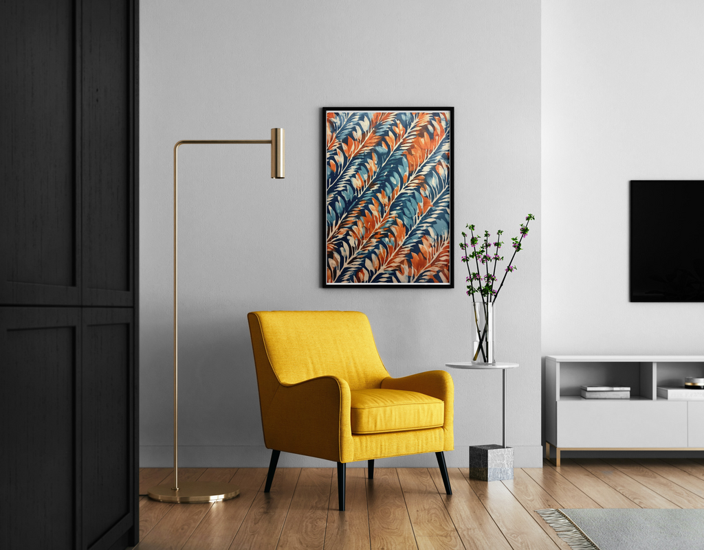 Tropische Blätter, Muster, Blau-Orange-Weiß, botanische Illustration, Wanddekoration – Wandbild im modernen Wohnzimmer