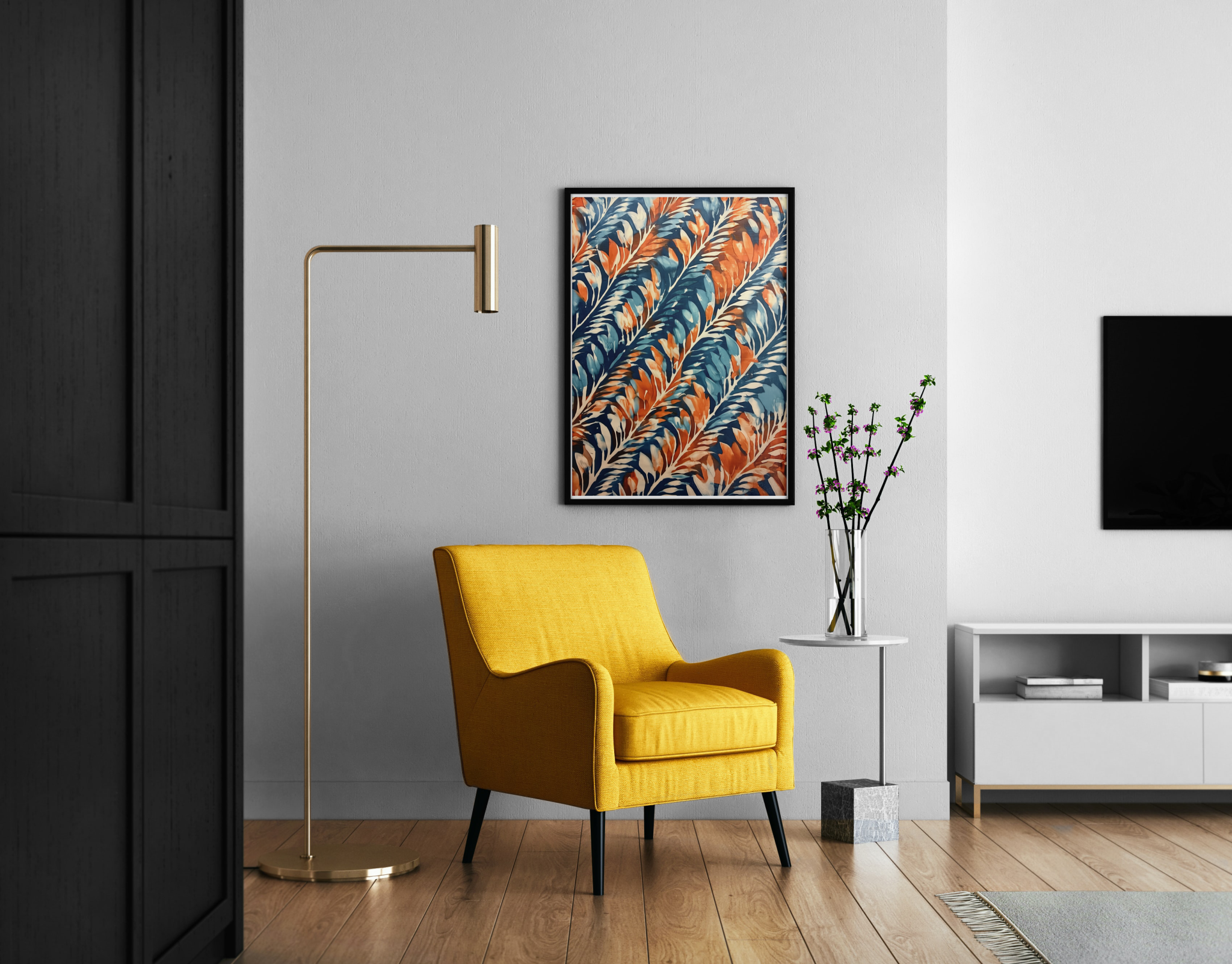 Tropische Blätter, Muster, Blau-Orange-Weiß, botanische Illustration, Wanddekoration – Wandbild im modernen Wohnzimmer