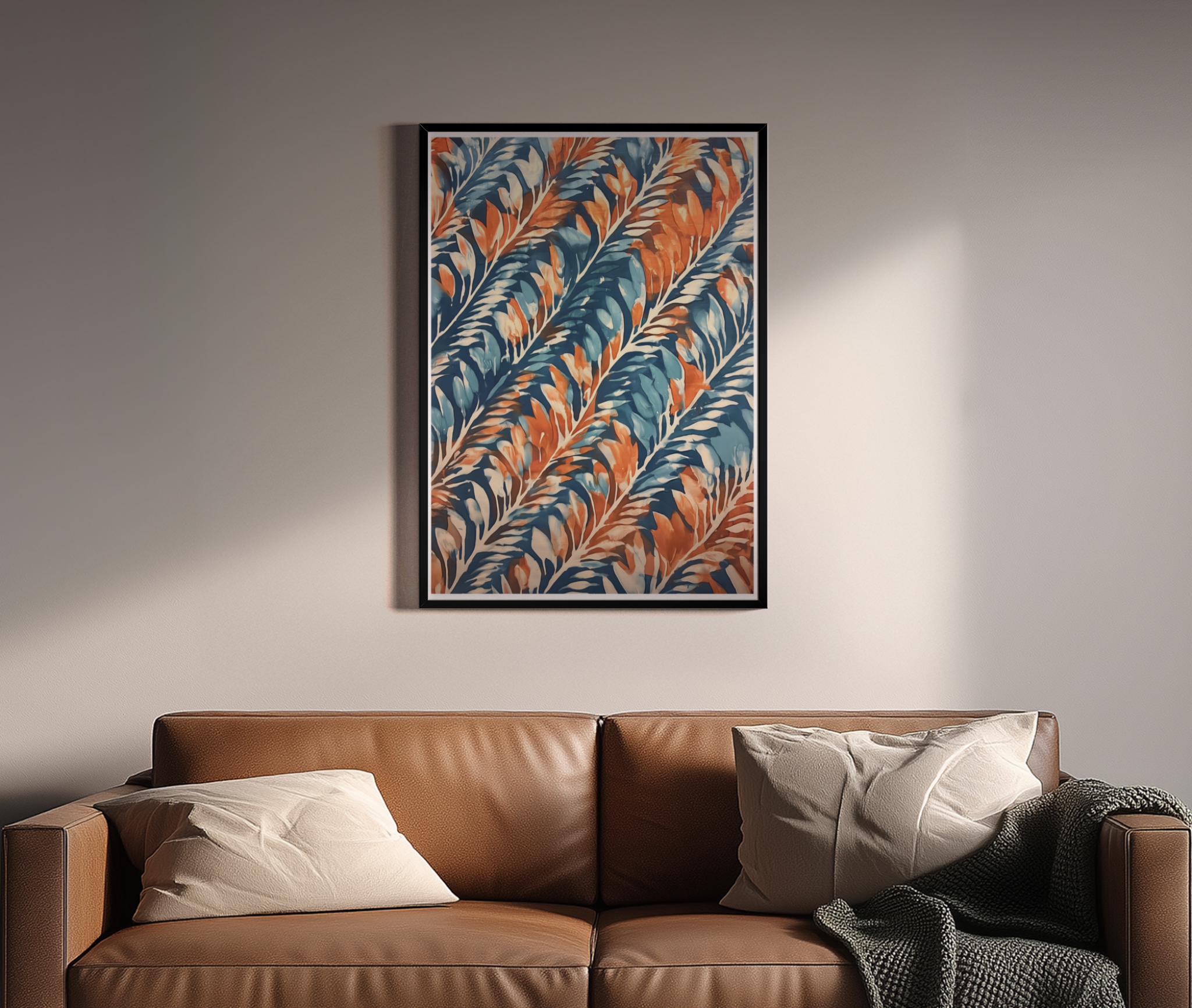 Tropische Blätter, Muster, Blau-Orange-Weiß, botanische Illustration, Wanddekoration – Wandbild über braunem Ledersofa