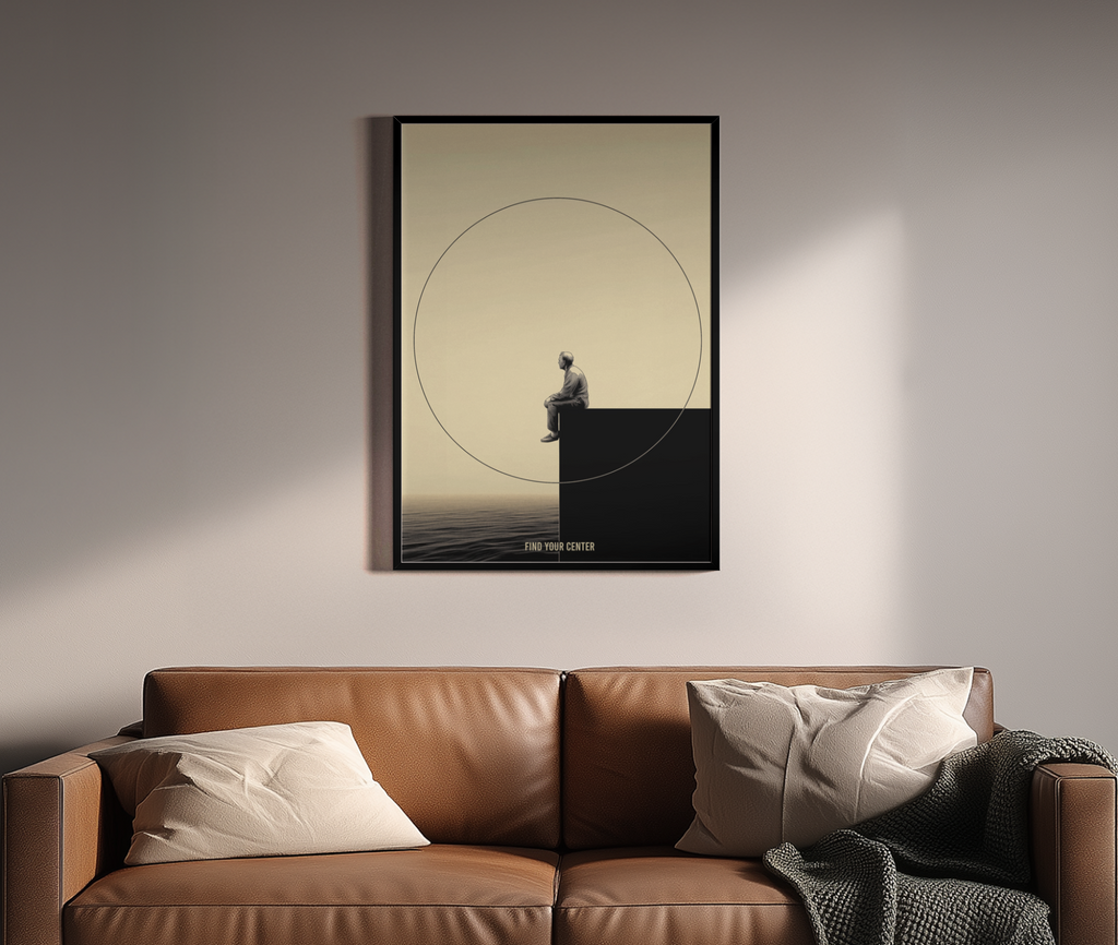 Find Your Center – Meditative Figur über dem Meer | Linolschnitt-Kunstdruck – Wandbild über braunem Ledersofa