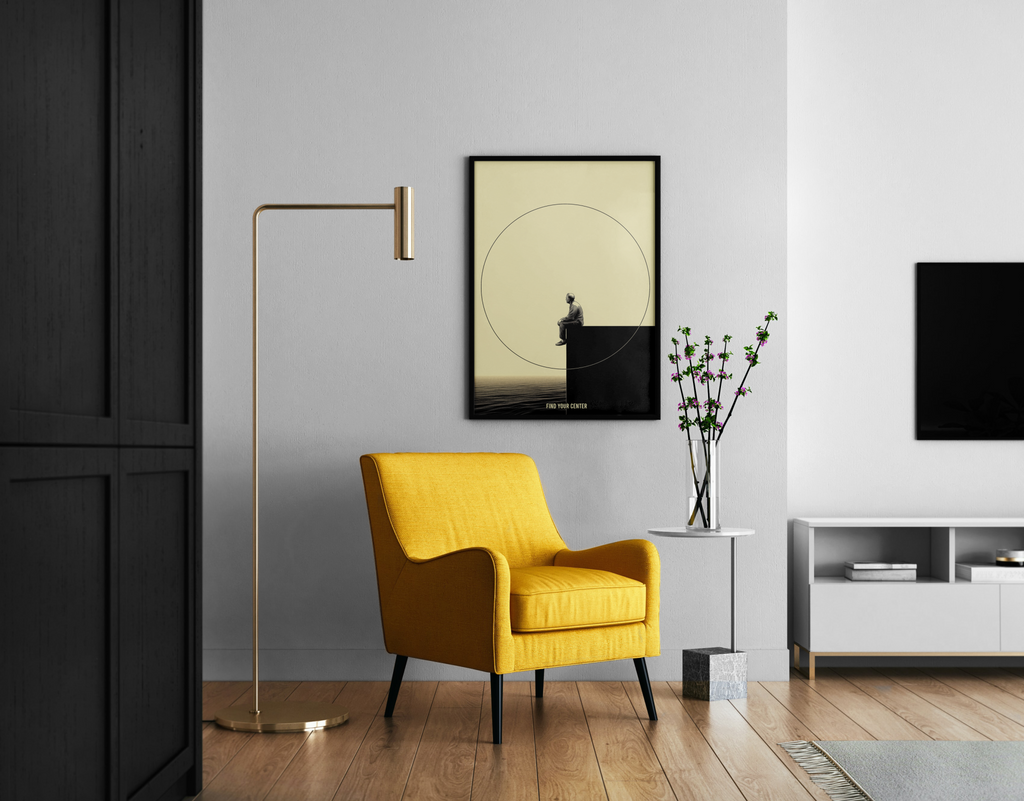 Find Your Center – Mann in Mond-Komposition | grafische Holzschnitt-Optik – Wandbild im modernen Wohnzimmer