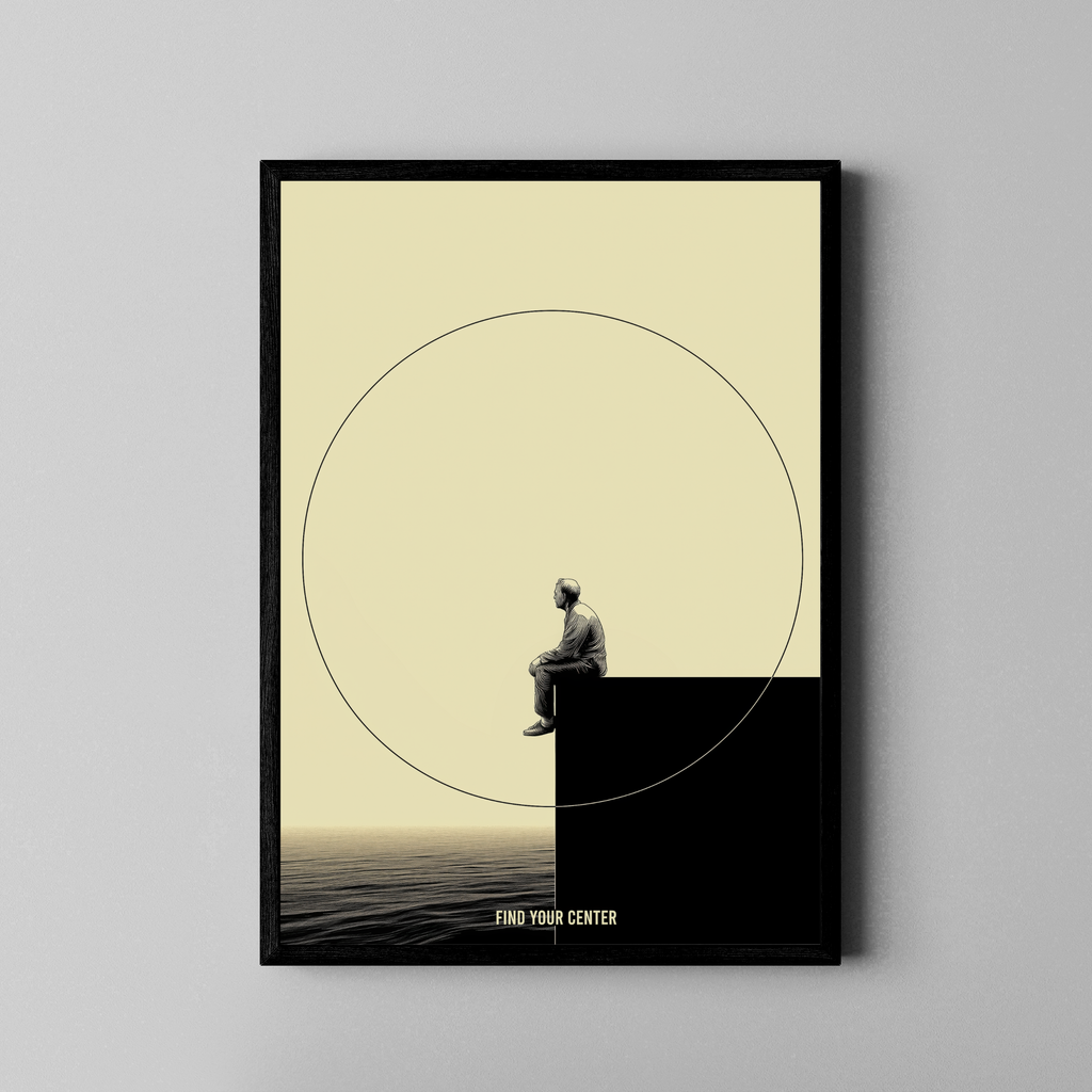 Find Your Center – Sitzende Figur am Wasser | Linolschnitt-Stil – Poster im schwarzen Rahmen
