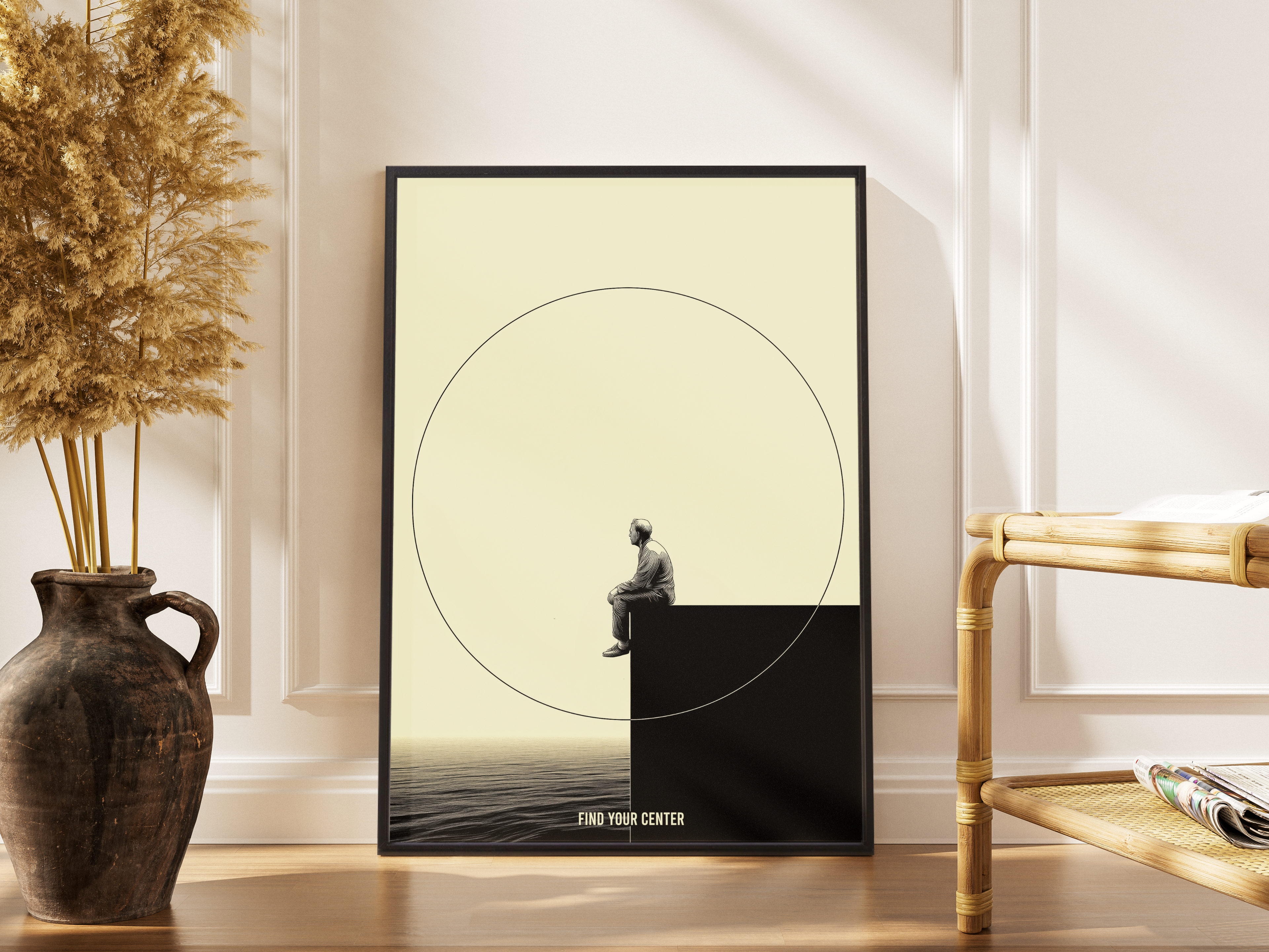 Find Your Center – Achtsamkeits-Motiv mit Meer | Holzschnitt-Fine-Art-Poster – gerahmtes Poster kaufen