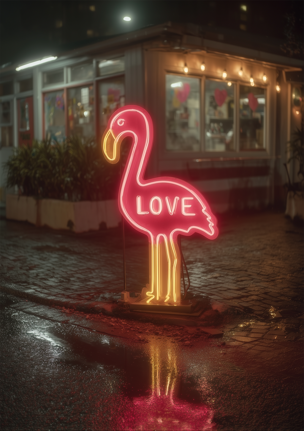 Flamingo Love – pinker Neon-Flamingo mit LOVE-Schriftzug nachts | Neon-Fotografie-Optik – eleganter Kunstdruck