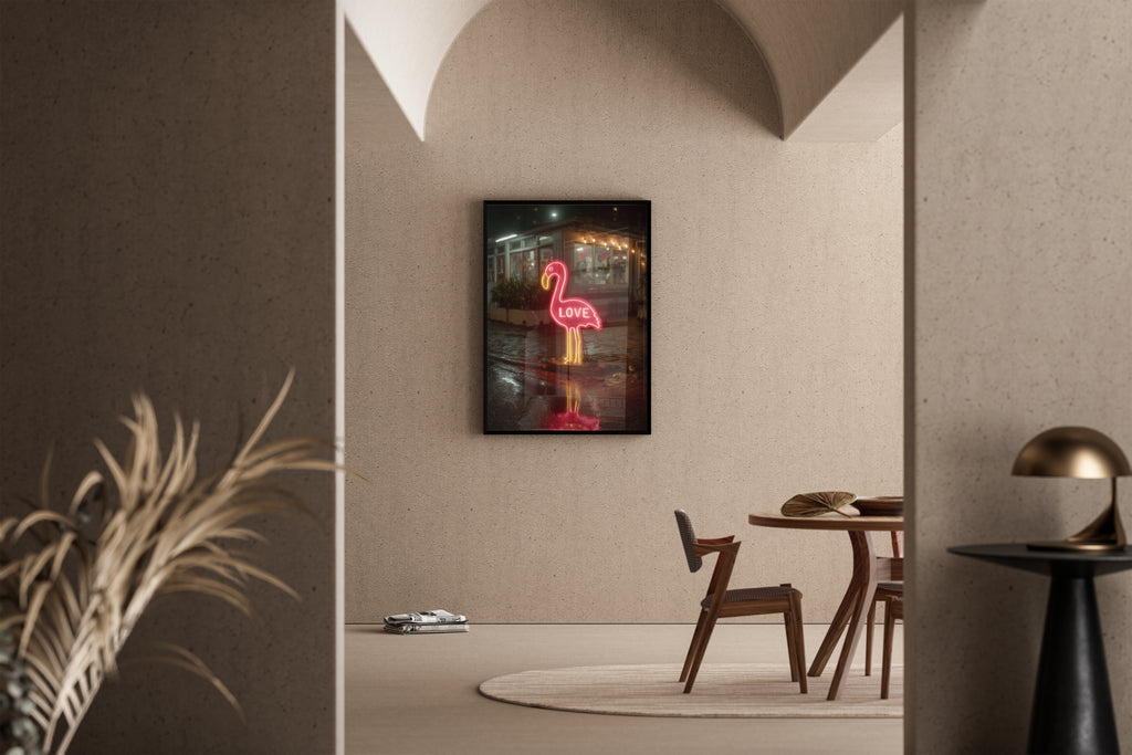 Flamingo Love – Neon-Vogel LOVE Schriftzug Nachtszene | Pop-Art-Fotografie-Stil – Poster im Esszimmer