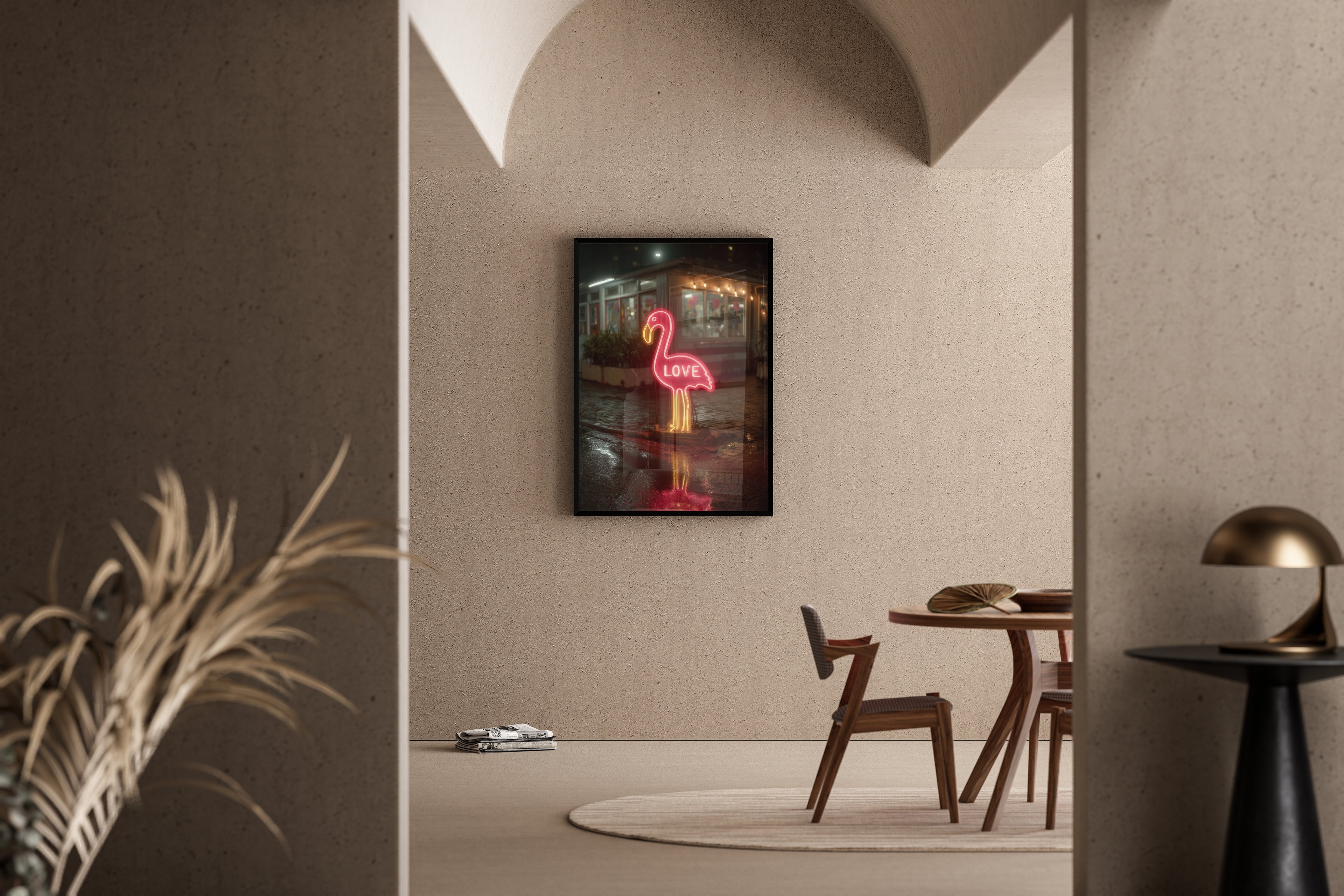 Flamingo Love – Neon-Vogel LOVE Schriftzug Nachtszene | Pop-Art-Fotografie-Stil – Poster im Esszimmer