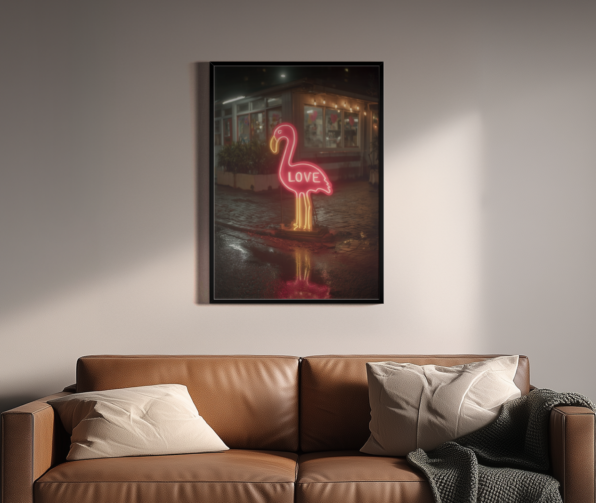 Flamingo Love – pinkes Neonlicht Flamingo nasse Straße | Neon-Kunstdruck – Wandbild über braunem Ledersofa