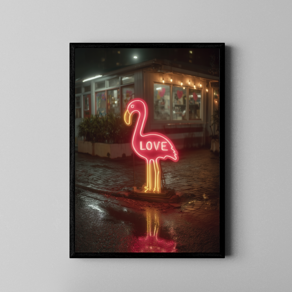 Flamingo Love – Neon-Flamingo Retro-Diner Regenreflexion | 3D-Render Fine Art Poster – Poster im schwarzen Rahmen