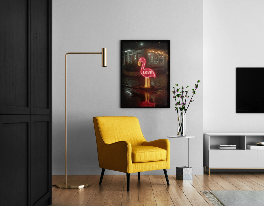 Flamingo Love – fotorealistischer Neon-Flamingo Nachtambiente | Neon-Illustration-Optik – Wandbild im modernen Wohnzimmer