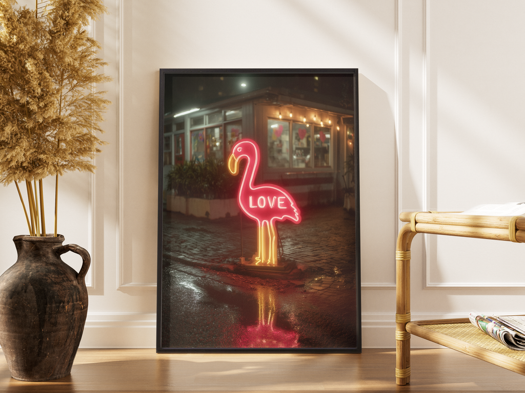 Flamingo Love – pinker Neon-Flamingo Wanddekoration Retro | Neon-Poster-Stil – gerahmtes Poster kaufen
