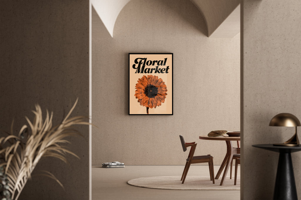 Floral Market – Retro Sonnenblumen-Poster terrakotta sand | Riso-Stil – Poster im Esszimmer