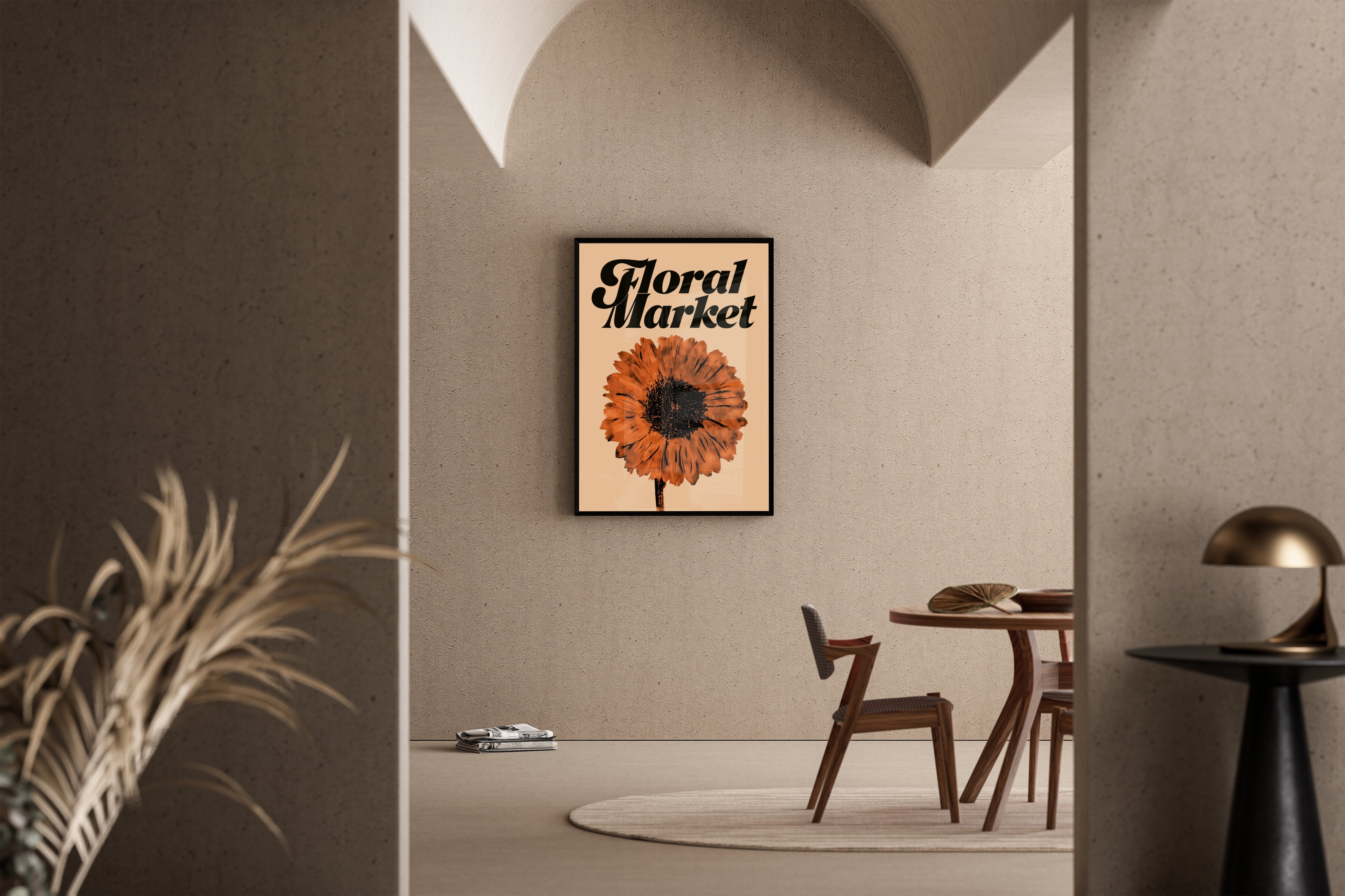 Floral Market – Retro Sonnenblumen-Poster terrakotta sand | Riso-Stil – Poster im Esszimmer