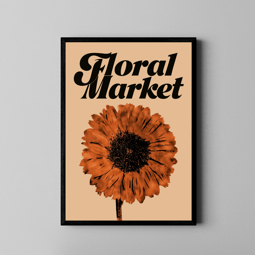 Floral Market – Sonnenblume Siebdruck Retro-Typografie schwarz | Siebdruck-Stil – Poster im schwarzen Rahmen