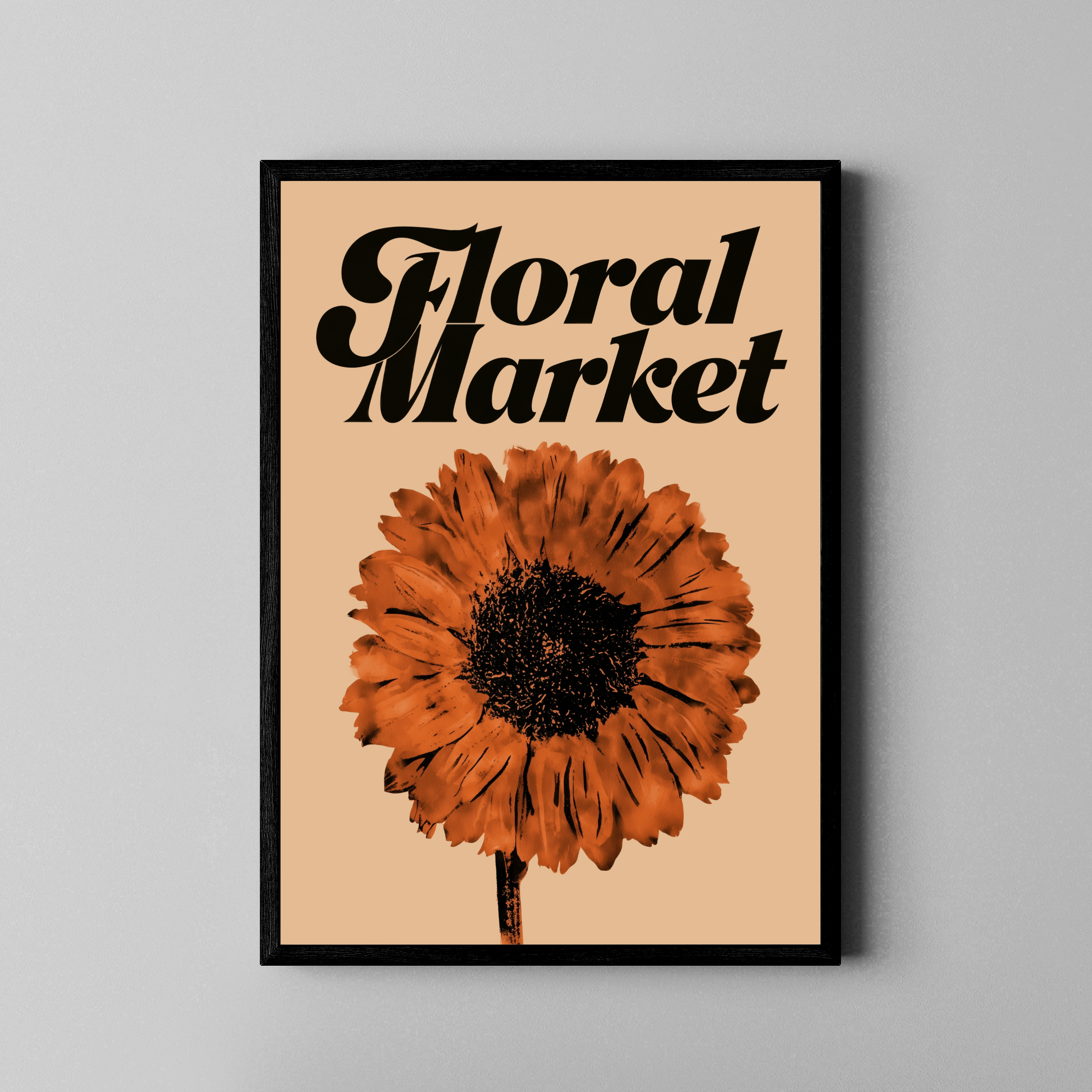 Floral Market – Sonnenblume Siebdruck Retro-Typografie schwarz | Siebdruck-Stil – Poster im schwarzen Rahmen