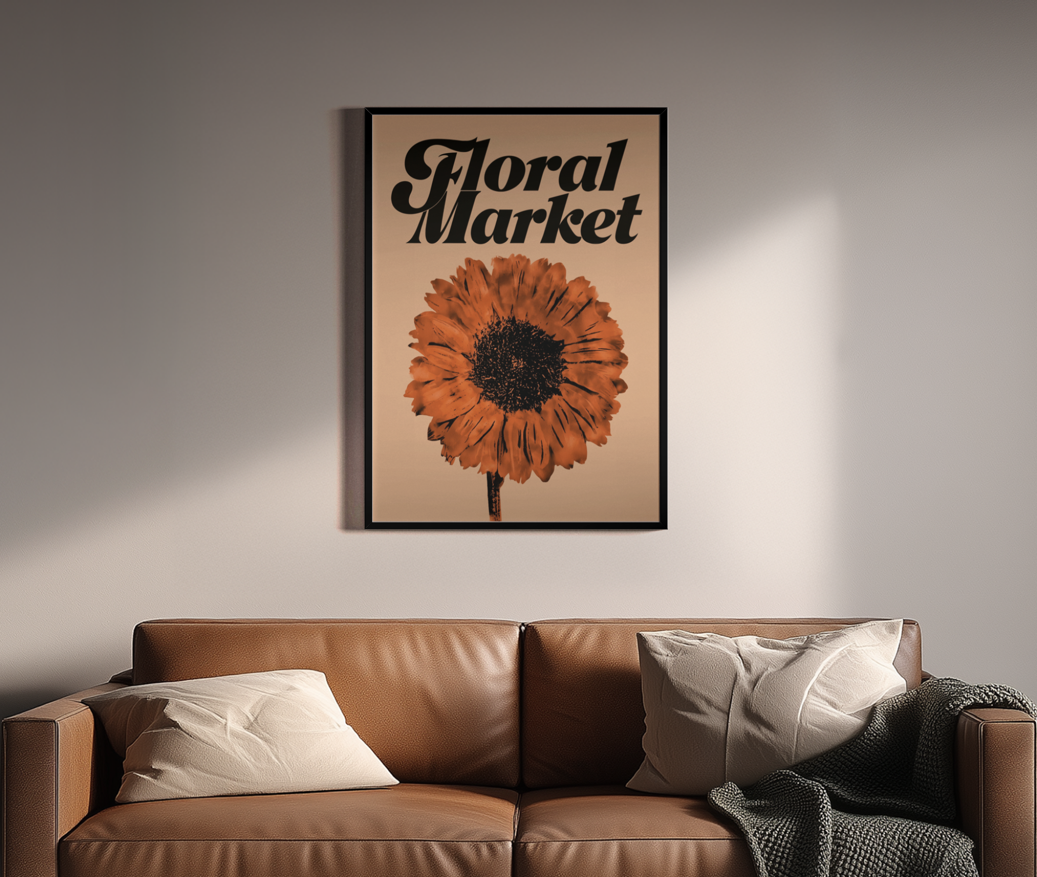 Floral Market – Sonnenblume Vintage terrakotta beige Blumenmarkt | Riso-Optik – Wandbild über braunem Ledersofa