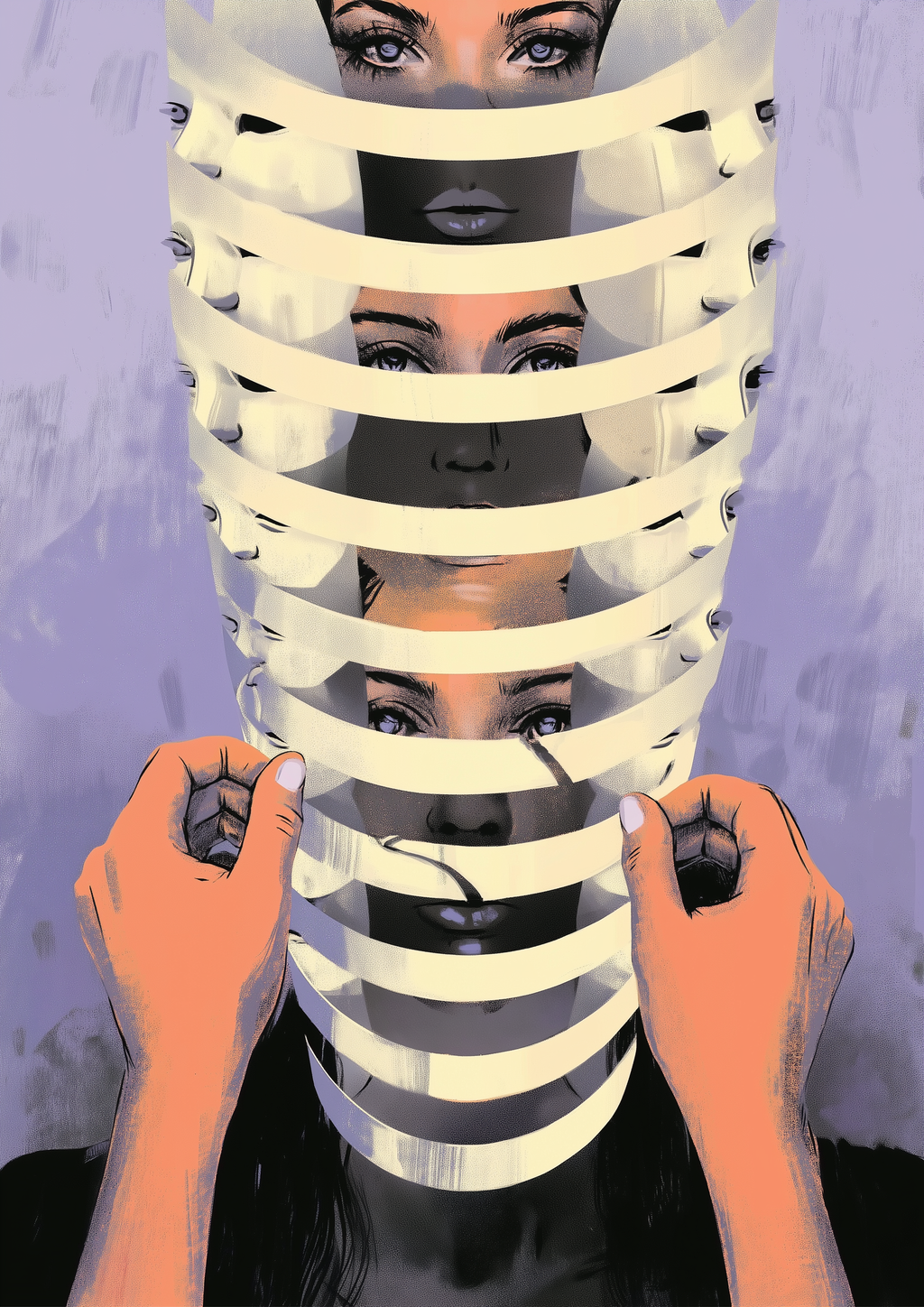 FRAGMENTED IDENTITY – Frauengesicht hinter Streifen zerlegt, surreale Illustration, Lila – eleganter Kunstdruck