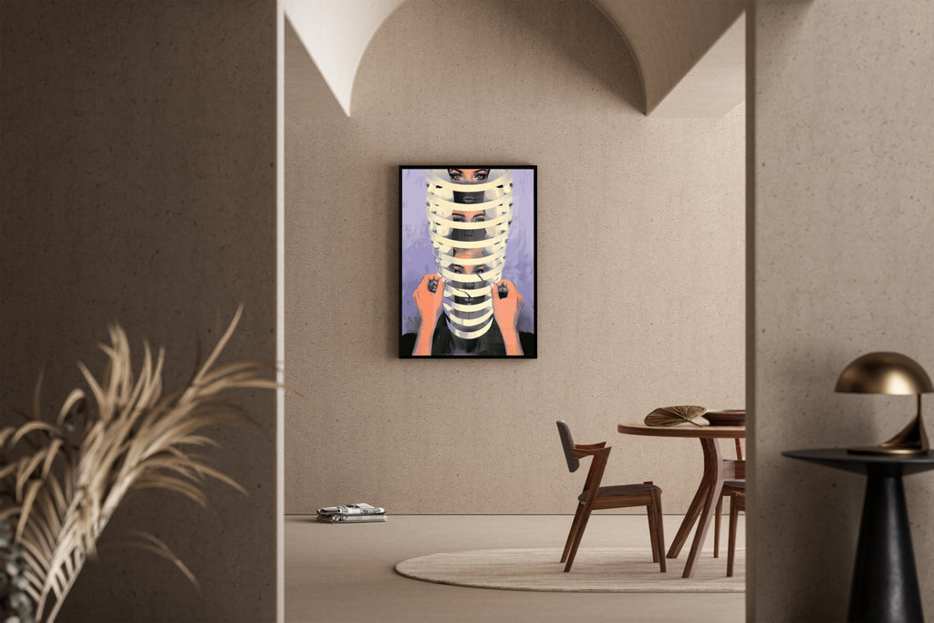 FRAGMENTED IDENTITY – Frauengesicht hinter Streifen zerlegt, surreale Illustration, Lila – Poster im Esszimmer
