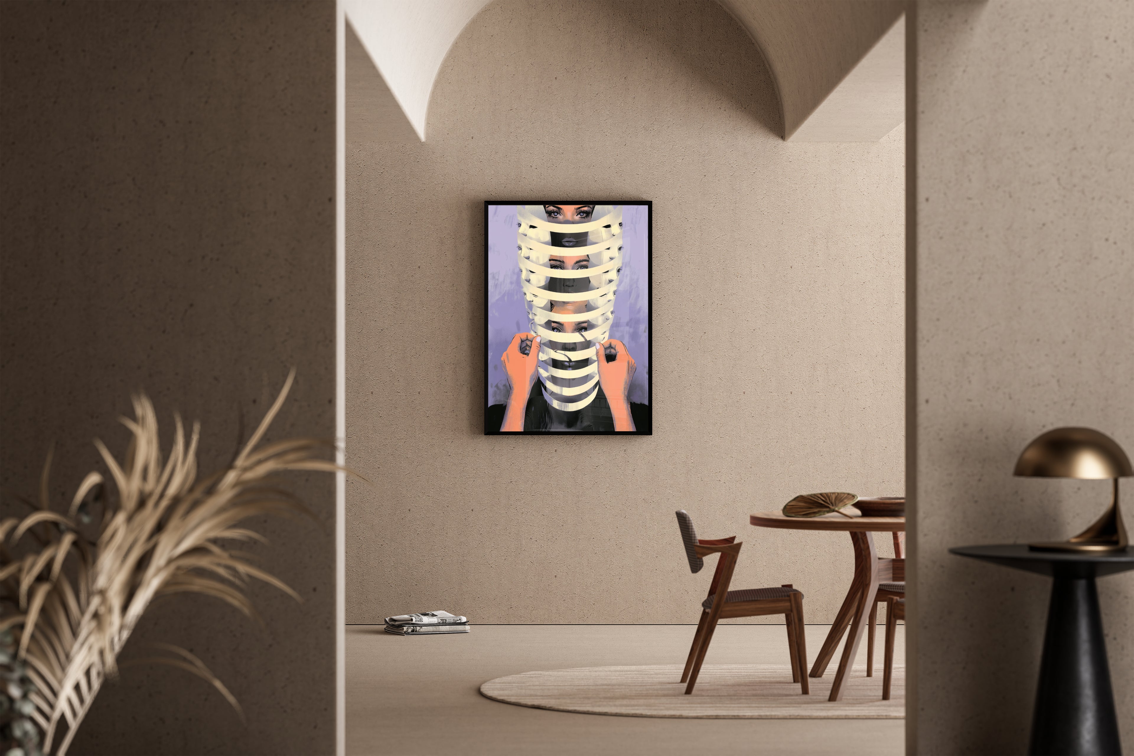 FRAGMENTED IDENTITY – Frauengesicht hinter Streifen zerlegt, surreale Illustration, Lila – Poster im Esszimmer