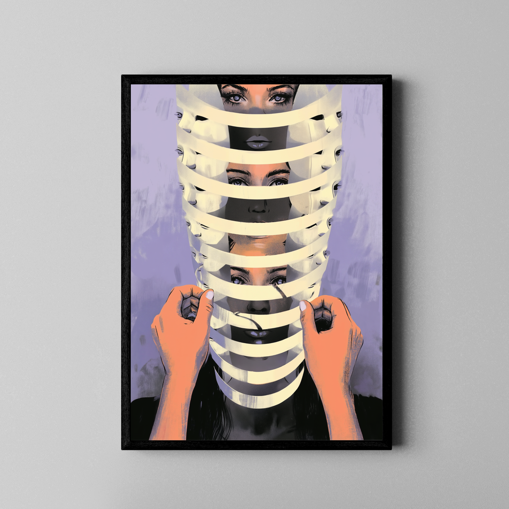 FRAGMENTED IDENTITY – Frauengesicht hinter Streifen zerlegt, surreale Illustration, Lila – Poster im schwarzen Rahmen