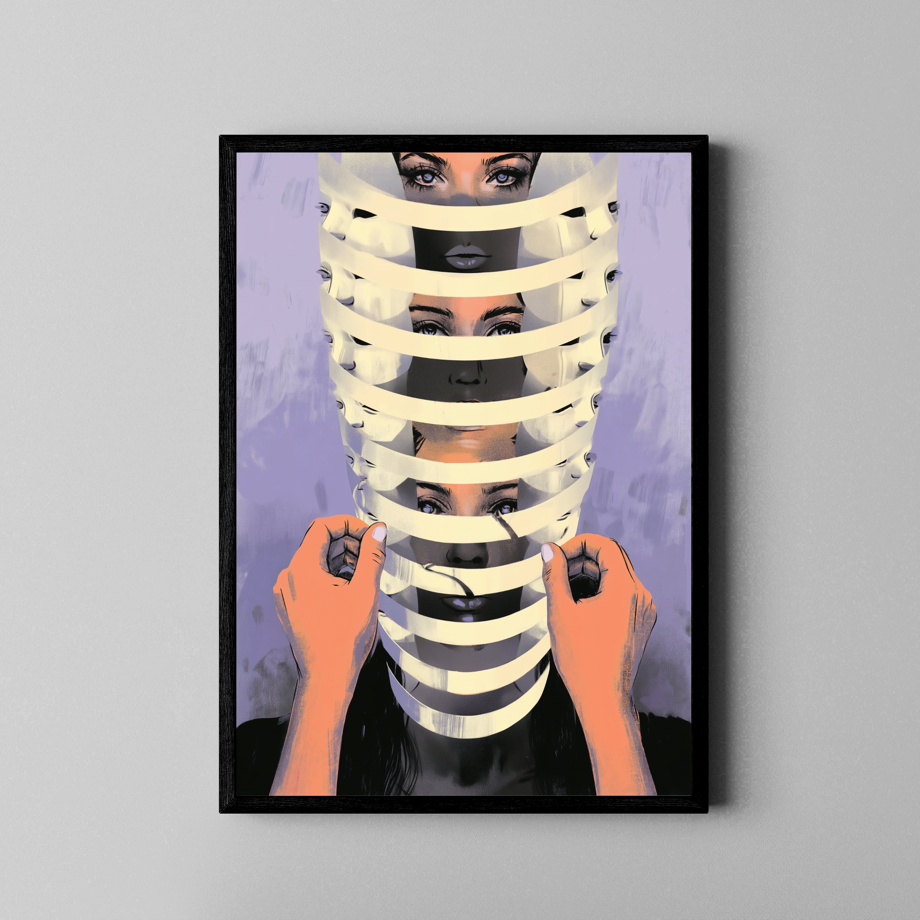 FRAGMENTED IDENTITY – Frauengesicht hinter Streifen zerlegt, surreale Illustration, Lila – Poster im schwarzen Rahmen