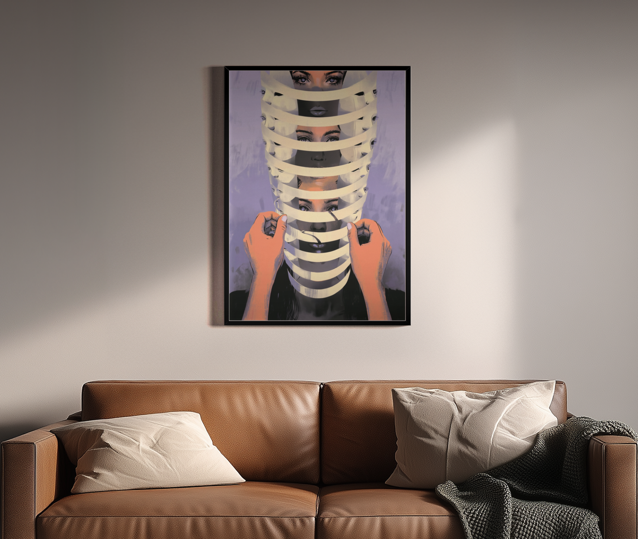 FRAGMENTED IDENTITY – Frauengesicht hinter Streifen zerlegt, surreale Illustration, Lila – Wandbild über braunem Ledersofa