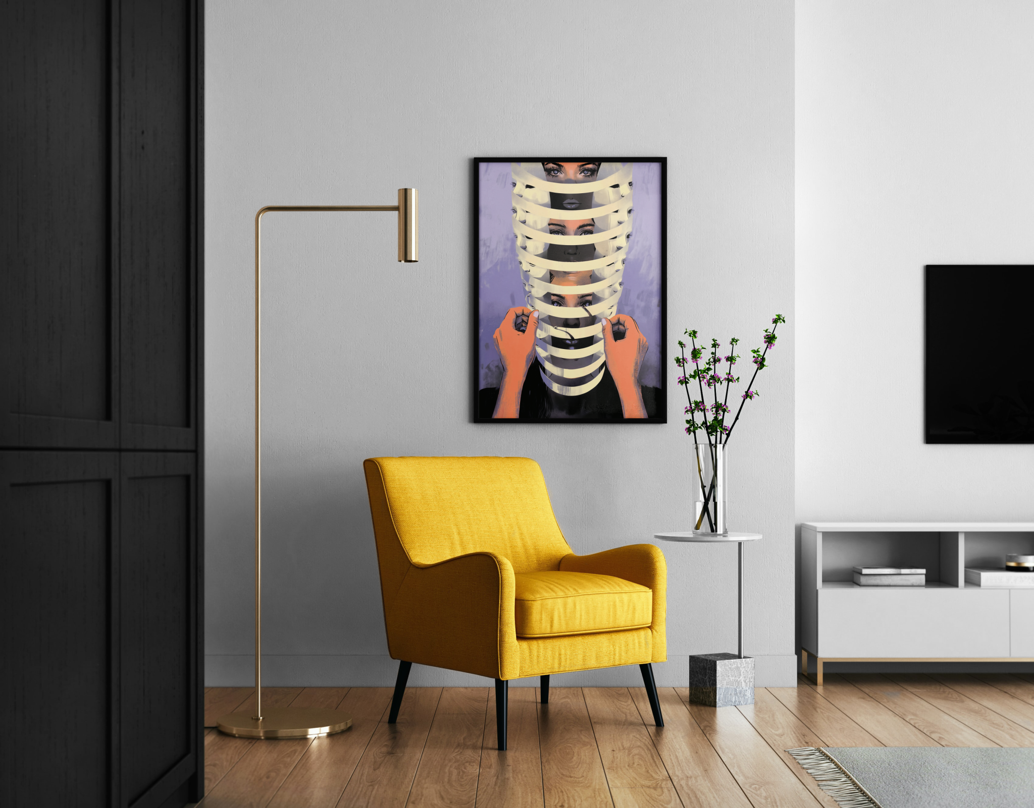 FRAGMENTED IDENTITY – Frauengesicht hinter Streifen zerlegt, surreale Illustration, Lila – Wandbild im modernen Wohnzimmer